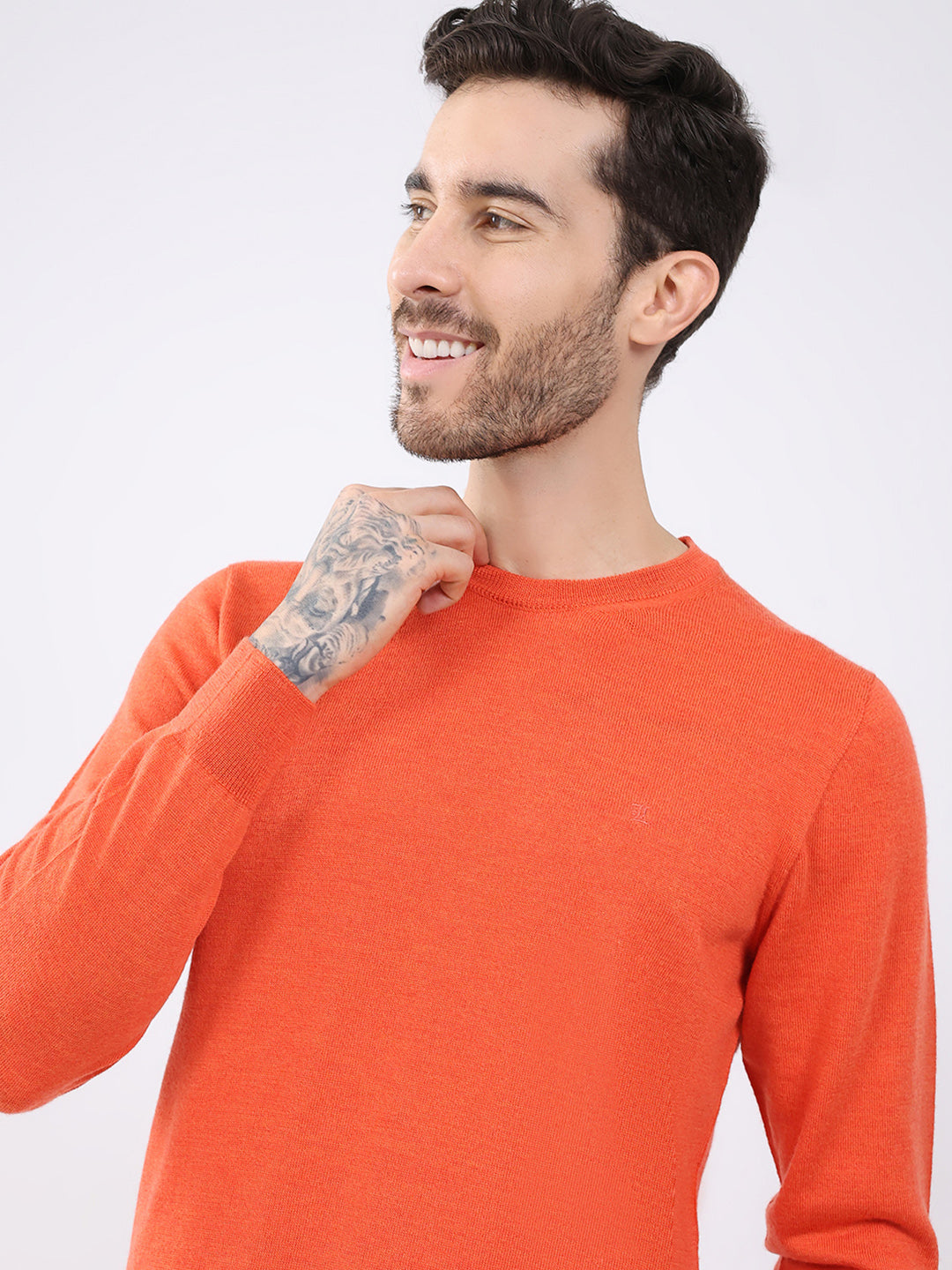 Luxuria Men Orange Solid Round Neck Full Sleeve Pullover