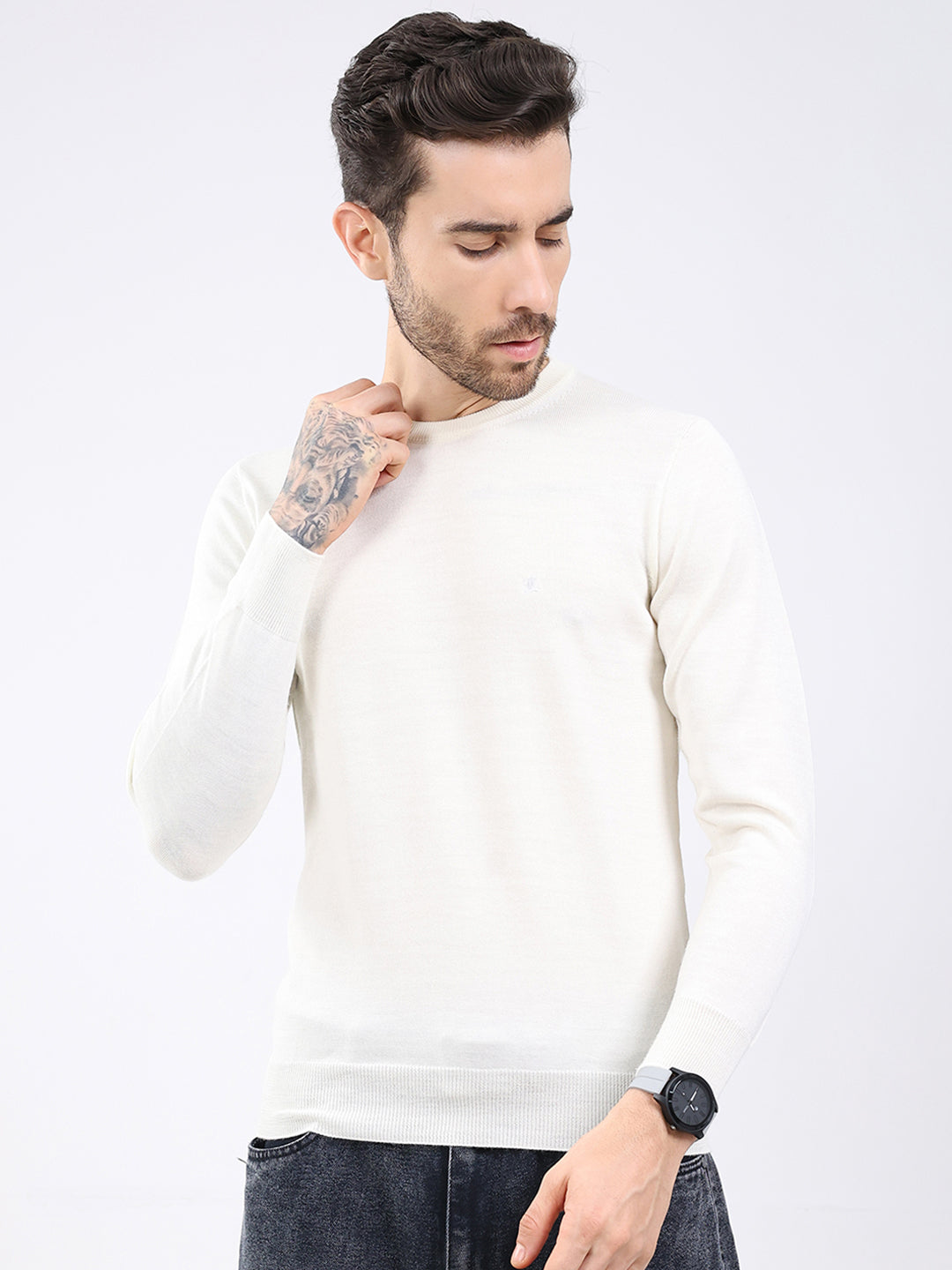 Luxuria Men White Solid Round Neck Full Sleeve Pullover