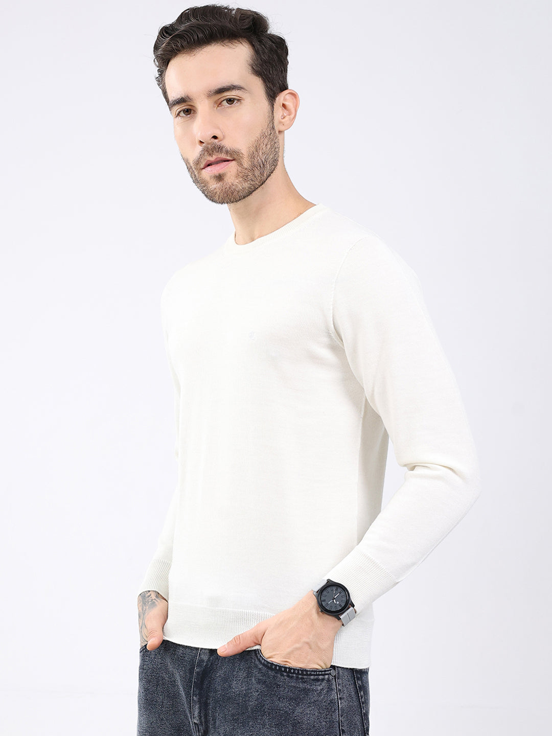 Luxuria Men White Solid Round Neck Full Sleeve Pullover