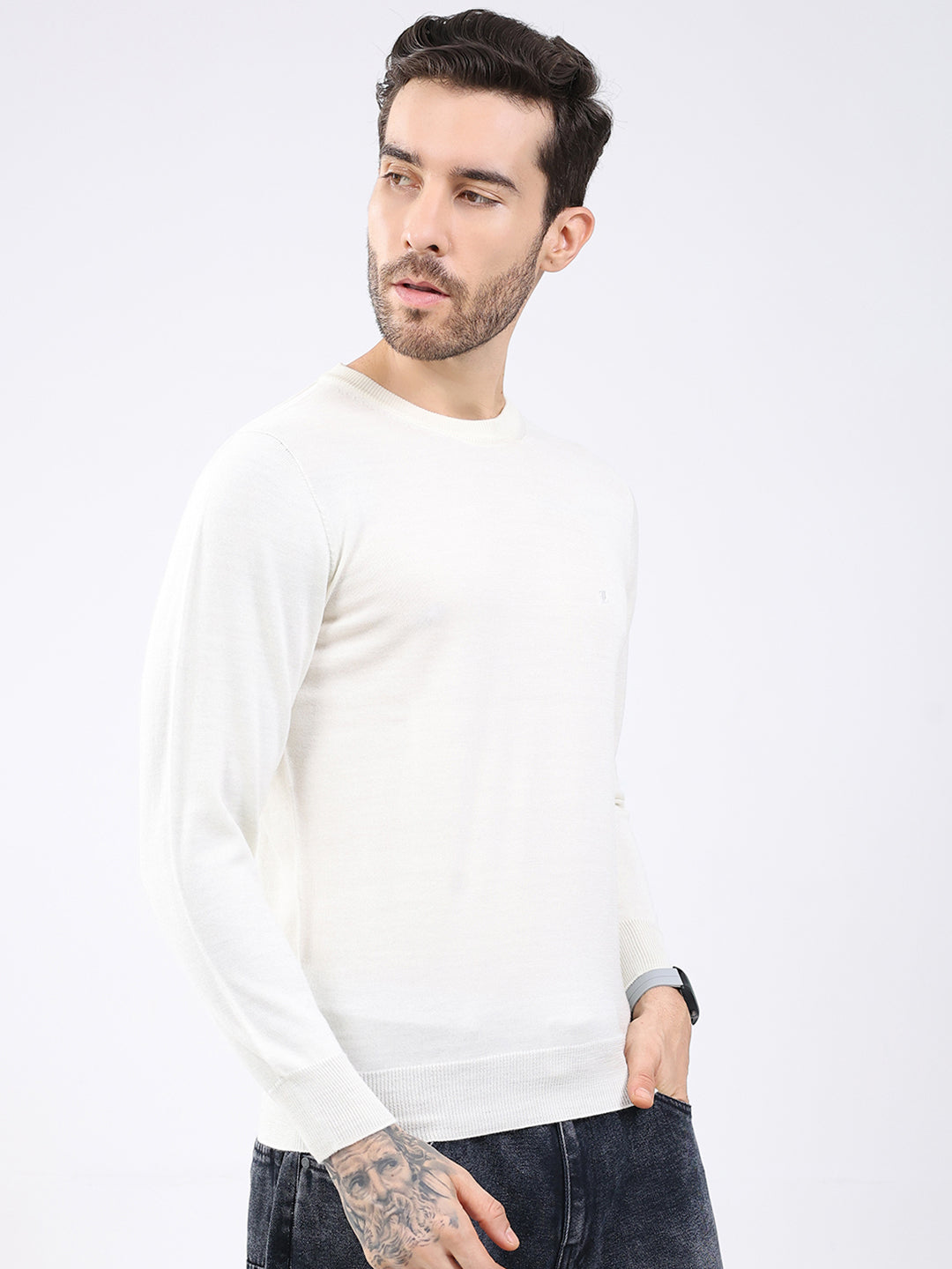 Luxuria Men White Solid Round Neck Full Sleeve Pullover