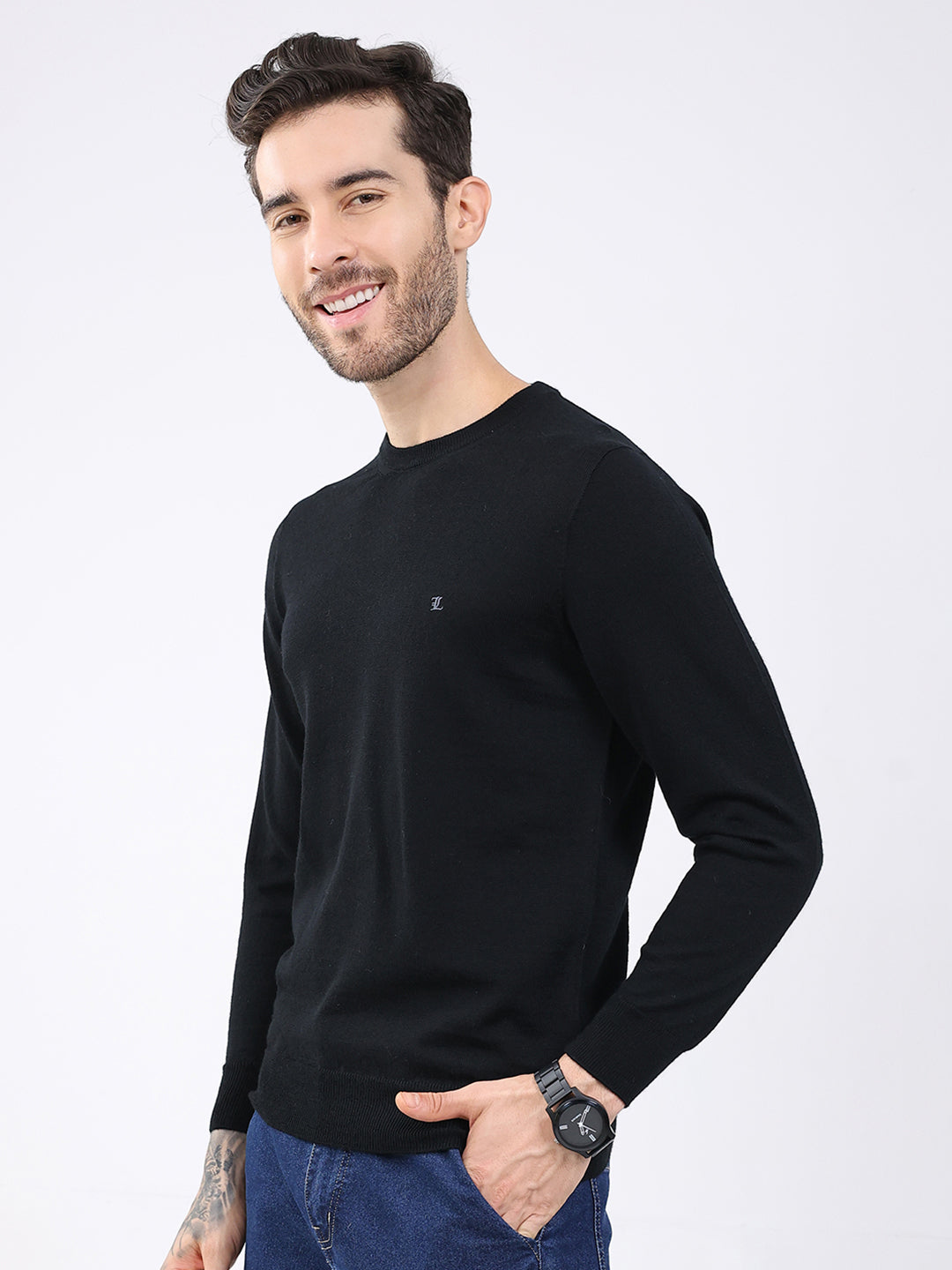 Luxuria Men Black Solid Round Neck Full Sleeve Pullover