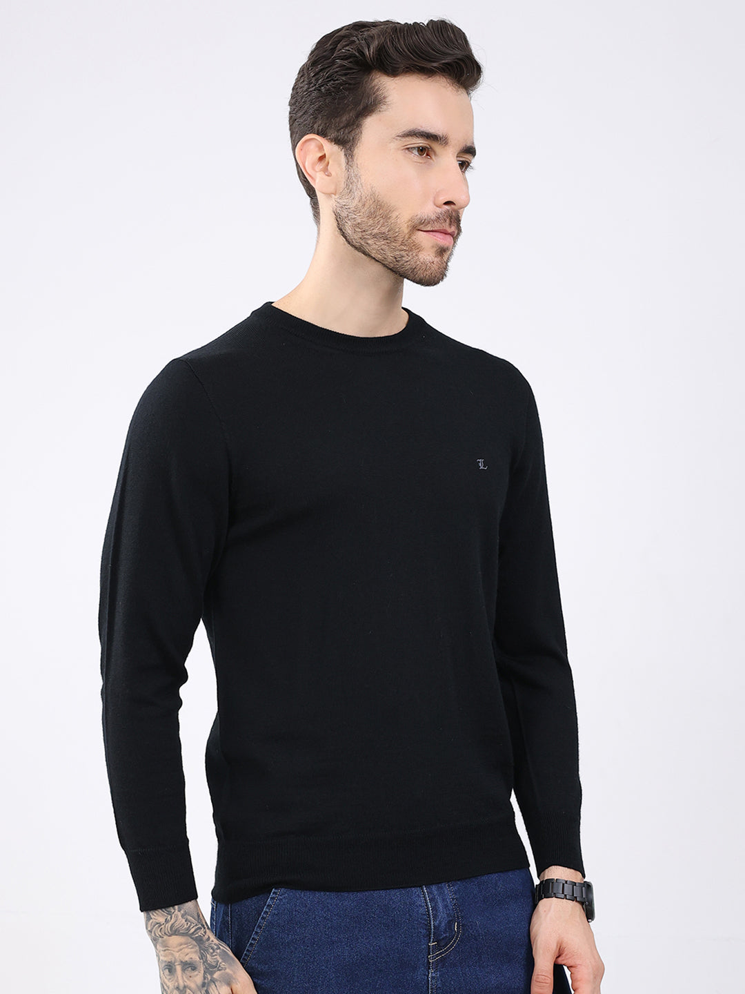 Luxuria Men Black Solid Round Neck Full Sleeve Pullover