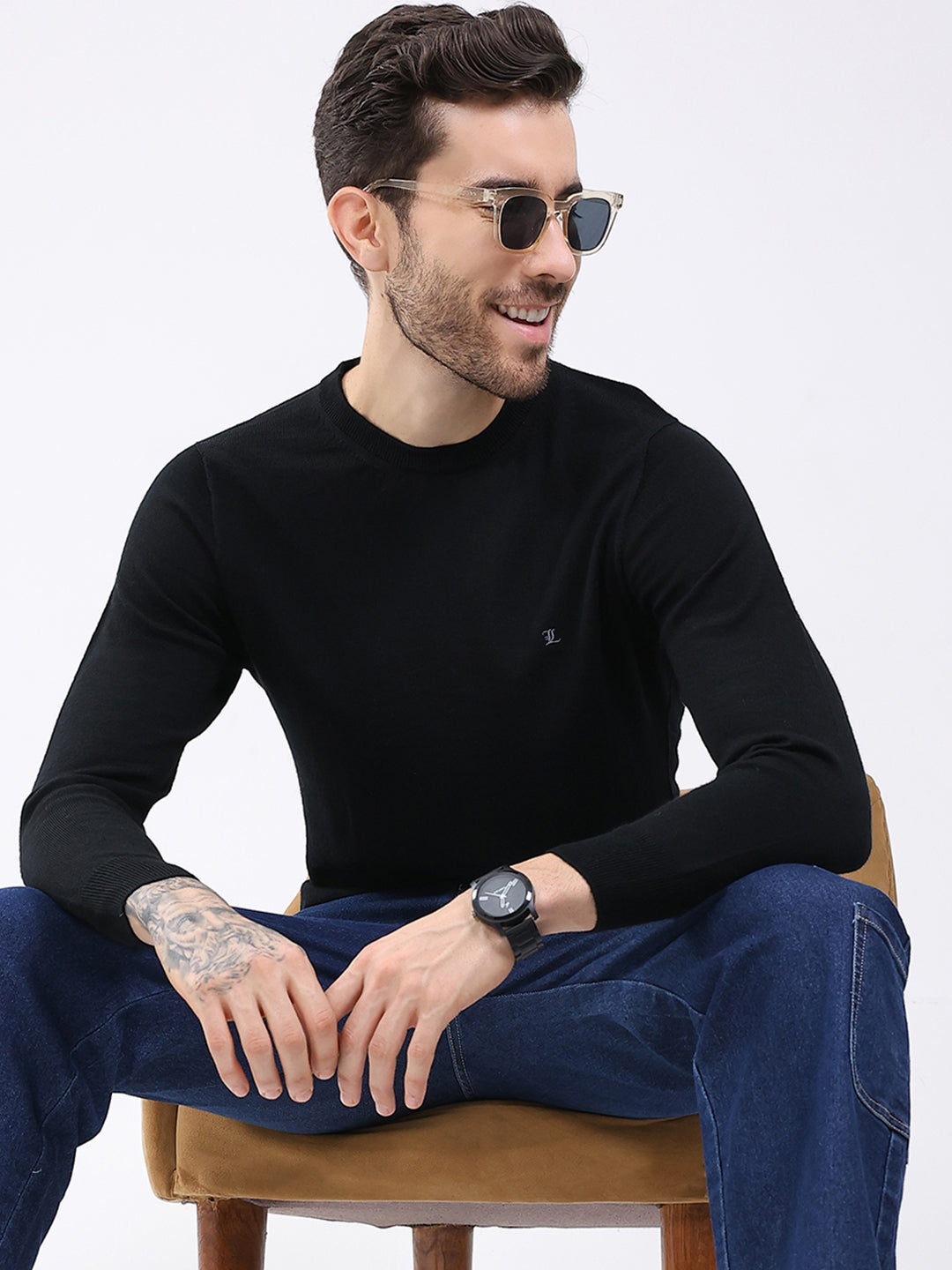 Luxuria Men Black Solid Round Neck Full Sleeve Pullover