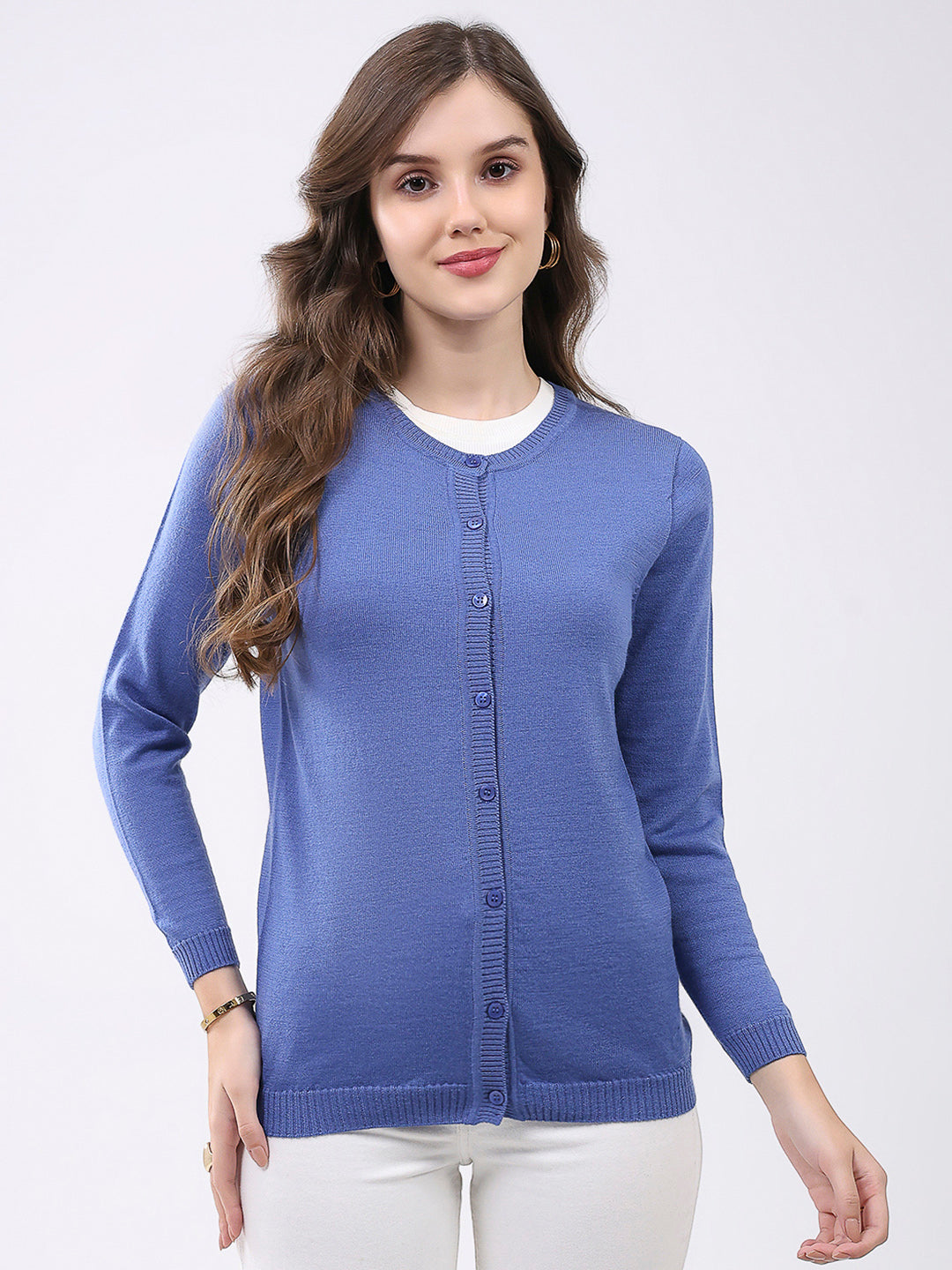 Luxuria Women Blue Solid Round Neck Full Sleeve Cardigan
