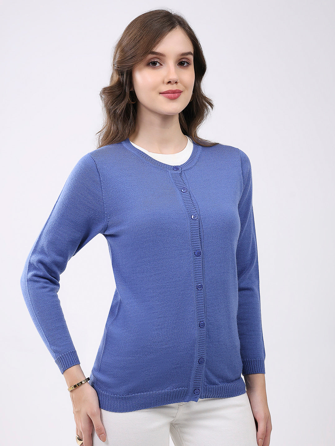 Luxuria Women Blue Solid Round Neck Full Sleeve Cardigan