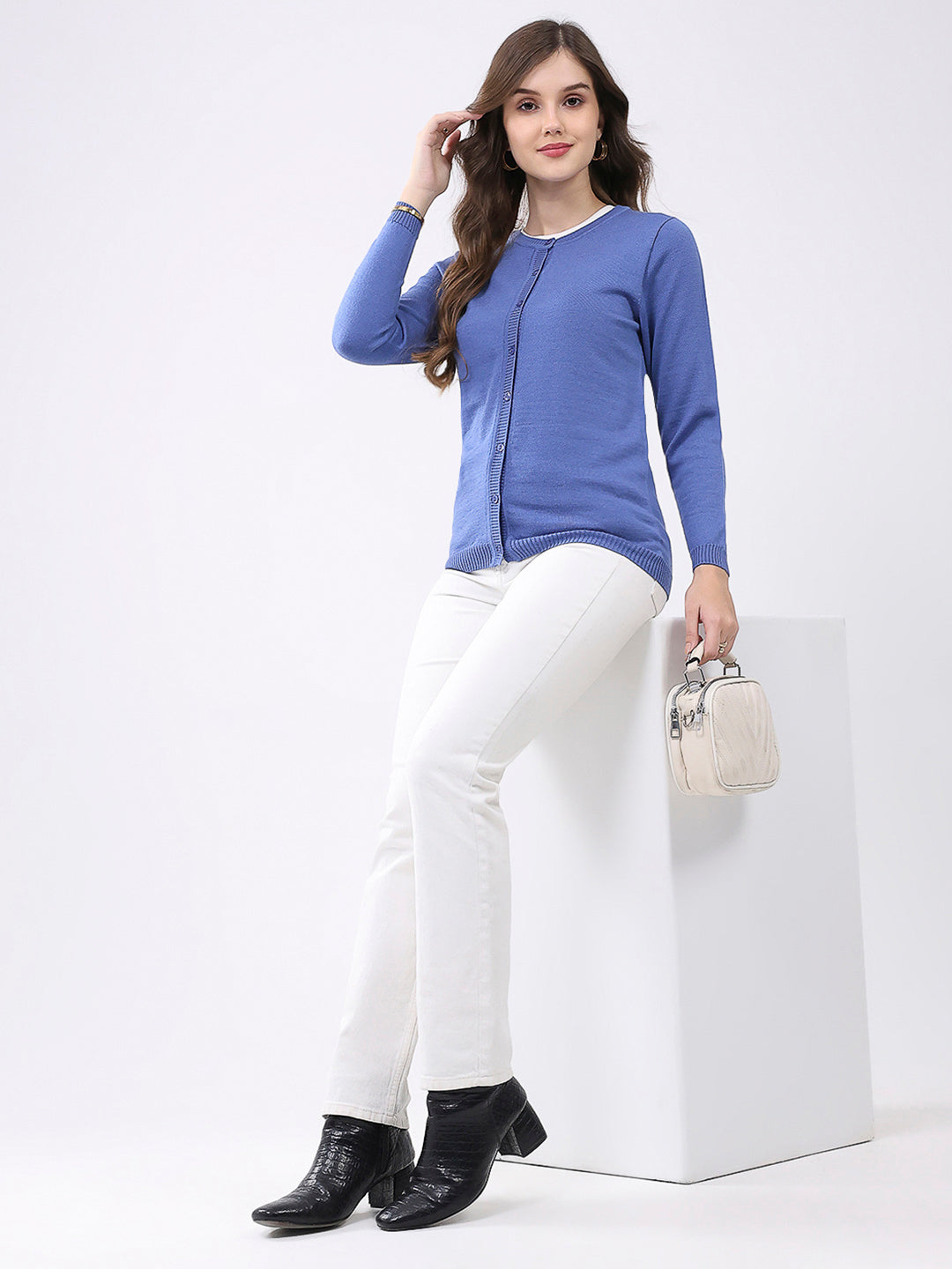 Luxuria Women Blue Solid Round Neck Full Sleeve Cardigan