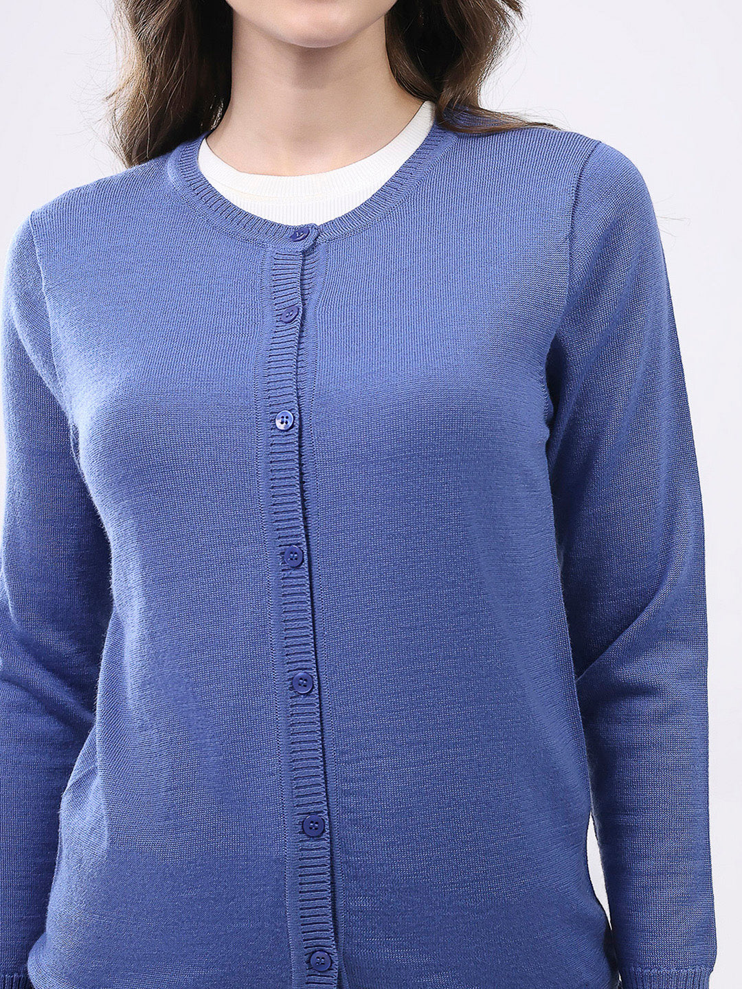 Luxuria Women Blue Solid Round Neck Full Sleeve Cardigan