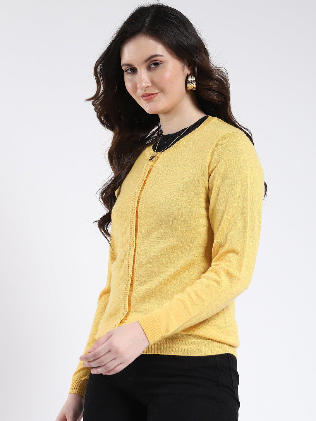 Luxuria Women Yellow Solid Round Neck Full Sleeve Cardigan