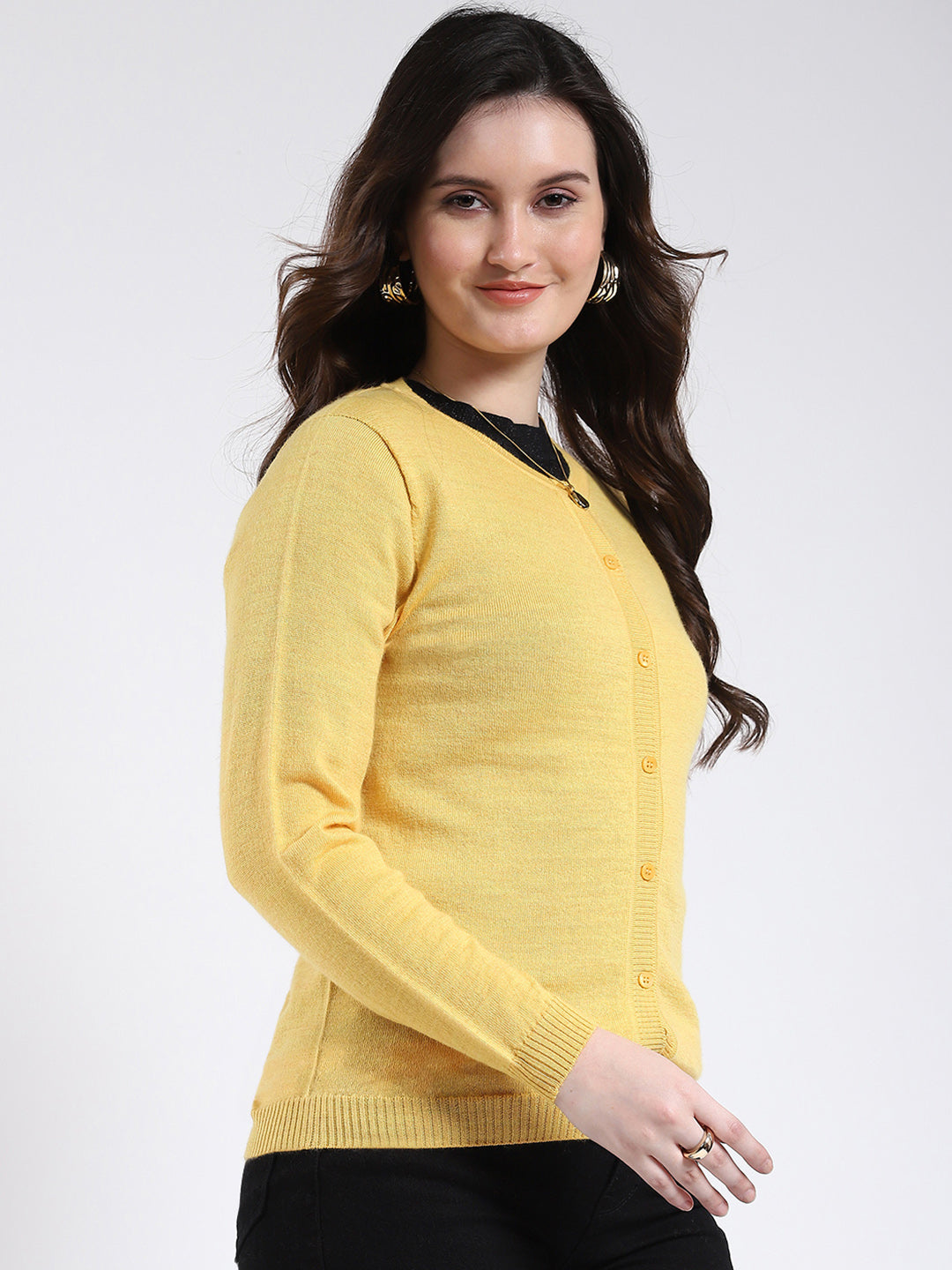 Luxuria Women Yellow Solid Round Neck Full Sleeve Cardigan
