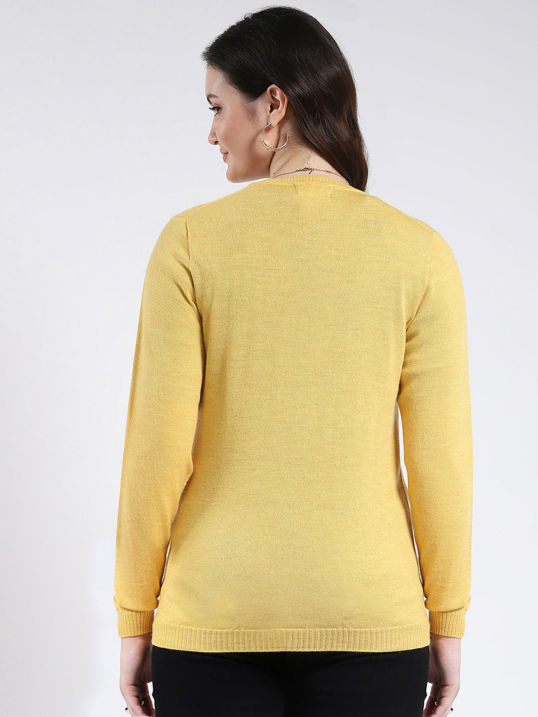 Luxuria Women Yellow Solid Round Neck Full Sleeve Cardigan