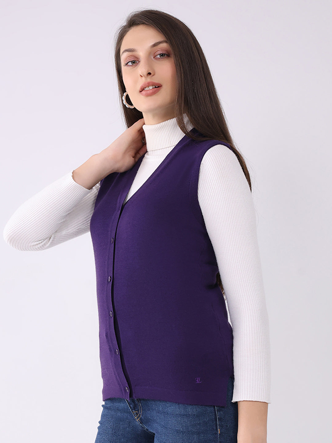 Luxuria Women Purple Solid V Neck Sleeveless Cardigan