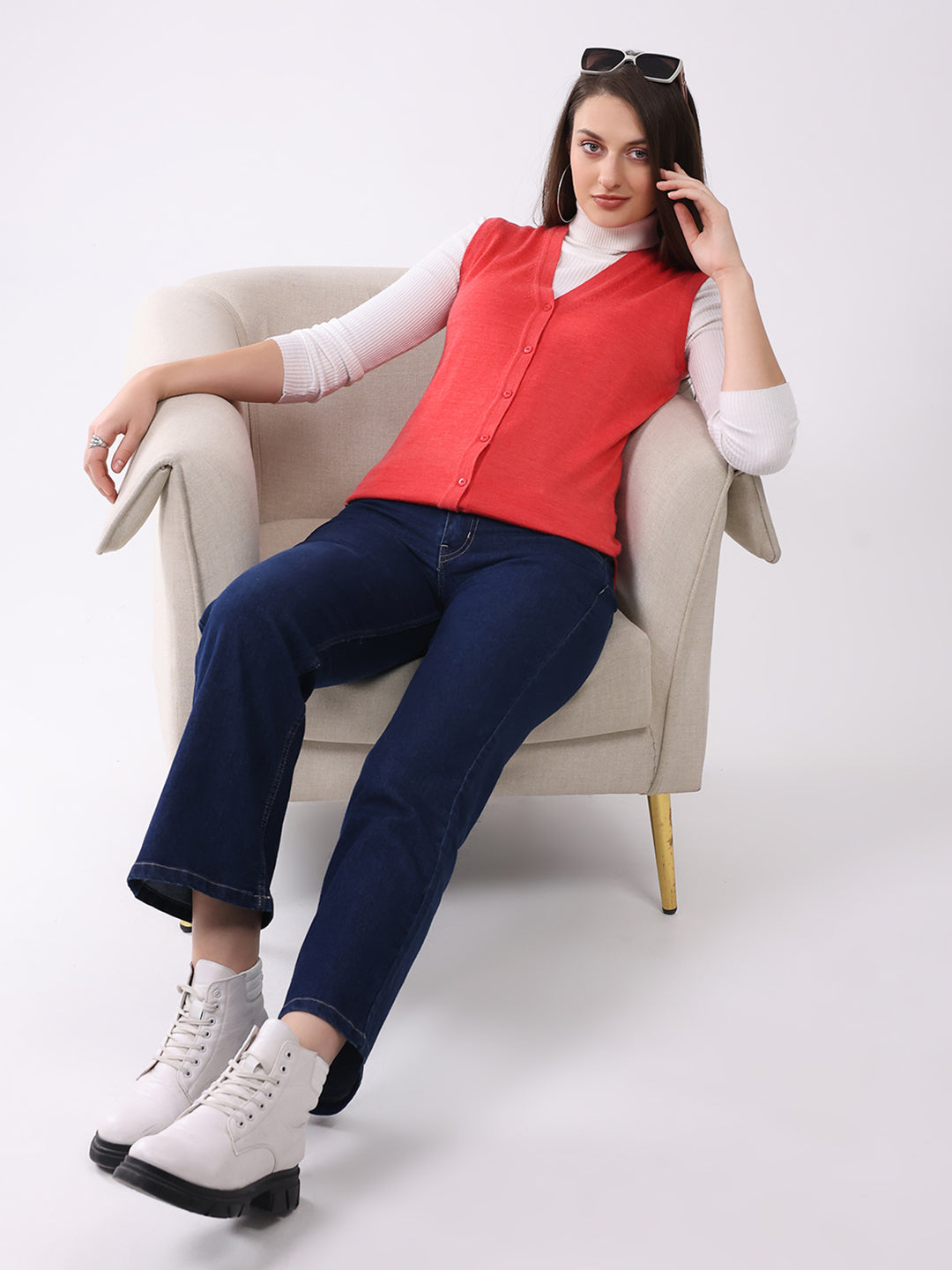 Luxuria Women Pink Solid V Neck Sleeveless Cardigan