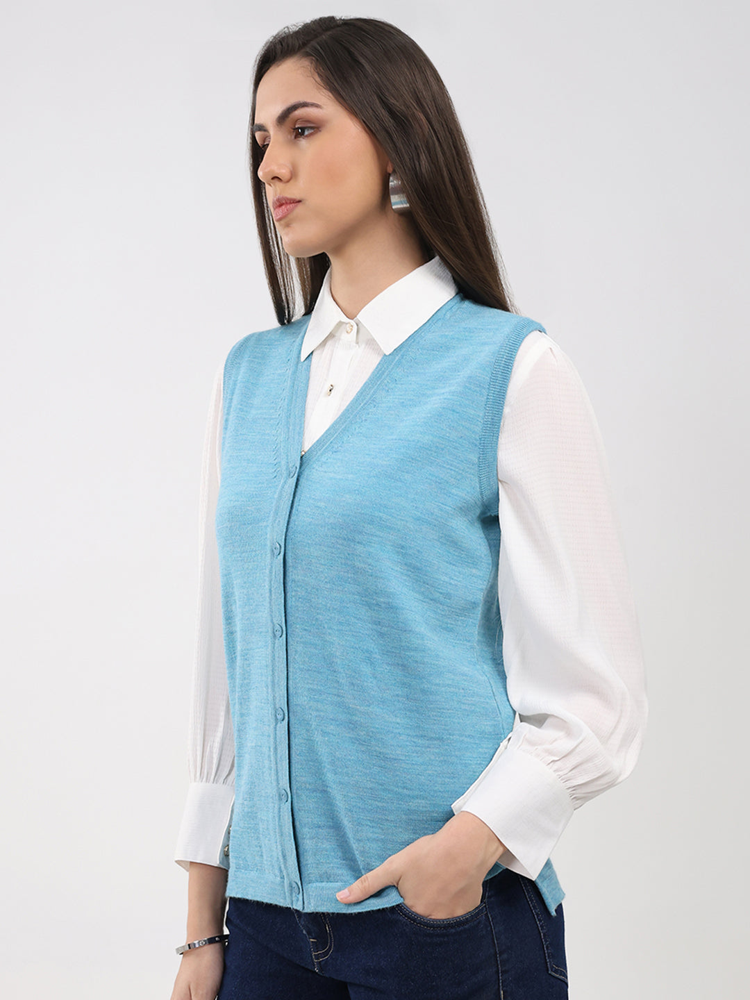 Luxuria Women Turquoise Blue Solid V Neck Sleeveless Cardigan