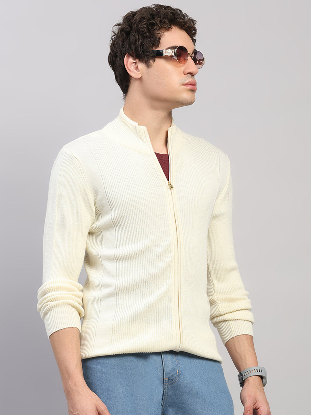 Luxuria Men Cream Self Design Round Neck Full Sleeve Pullover