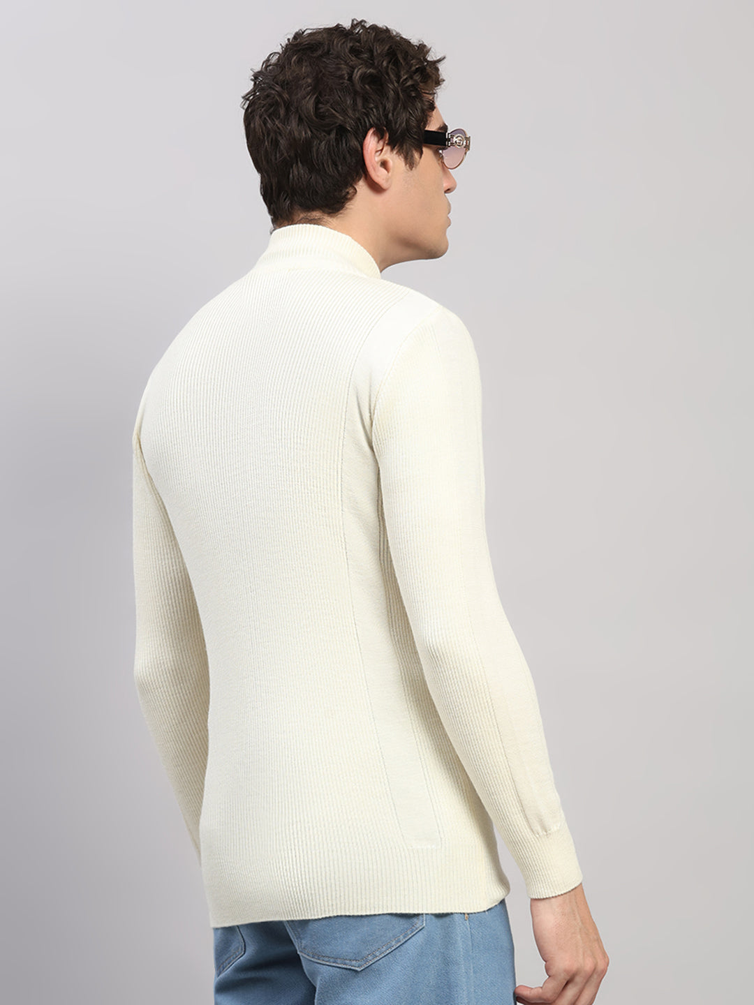 Luxuria Men Cream Self Design Round Neck Full Sleeve Pullover