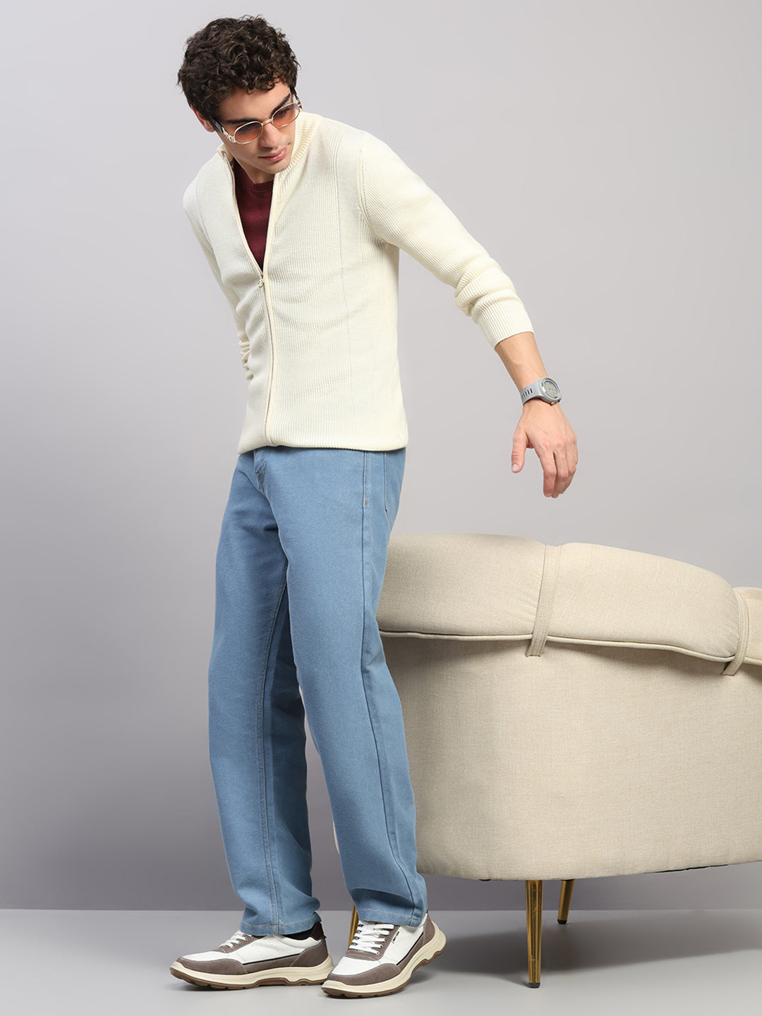 Luxuria Men Cream Self Design Round Neck Full Sleeve Pullover