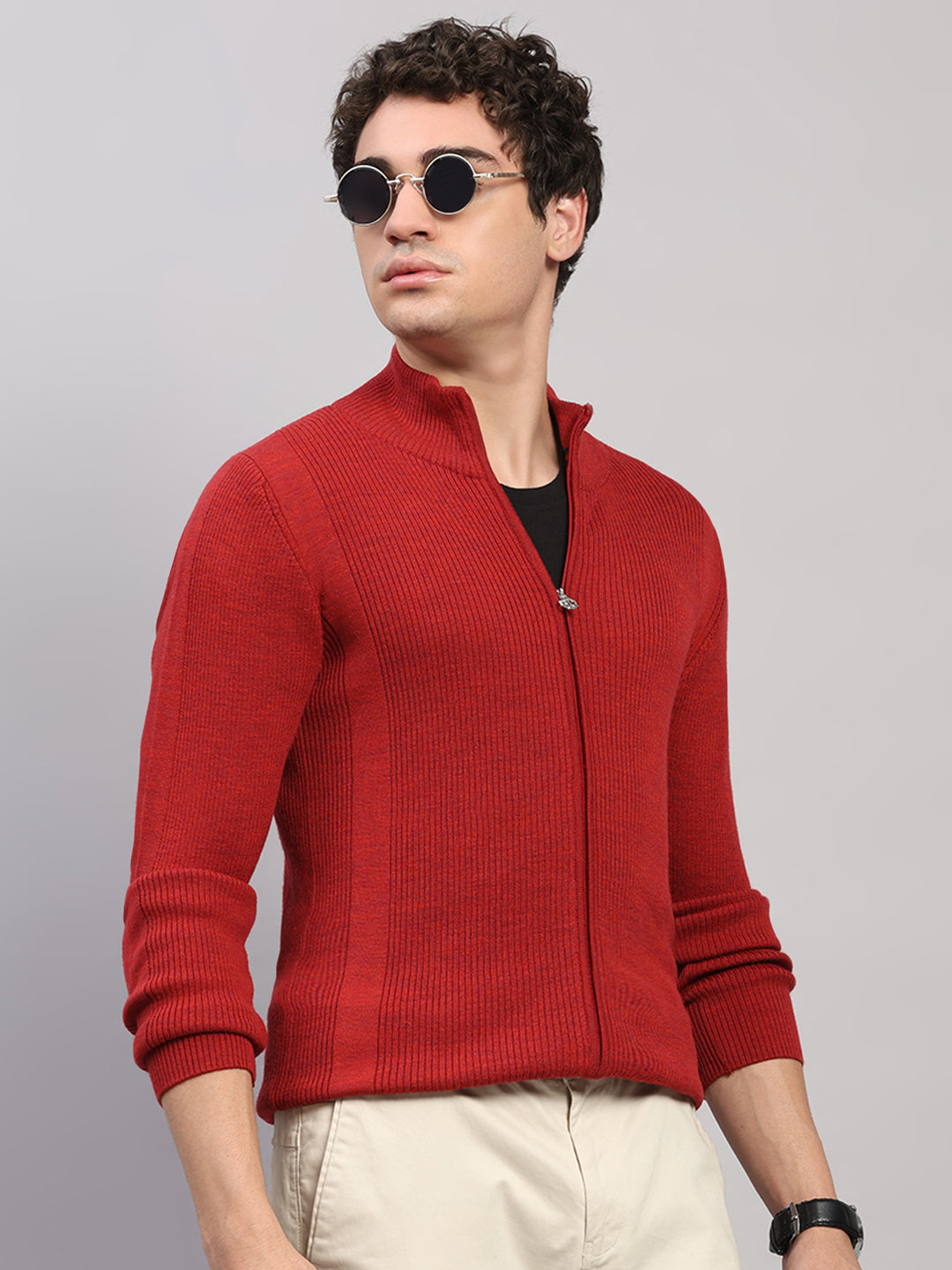 Luxuria Men Maroon Self Design Round Neck Full Sleeve Pullover