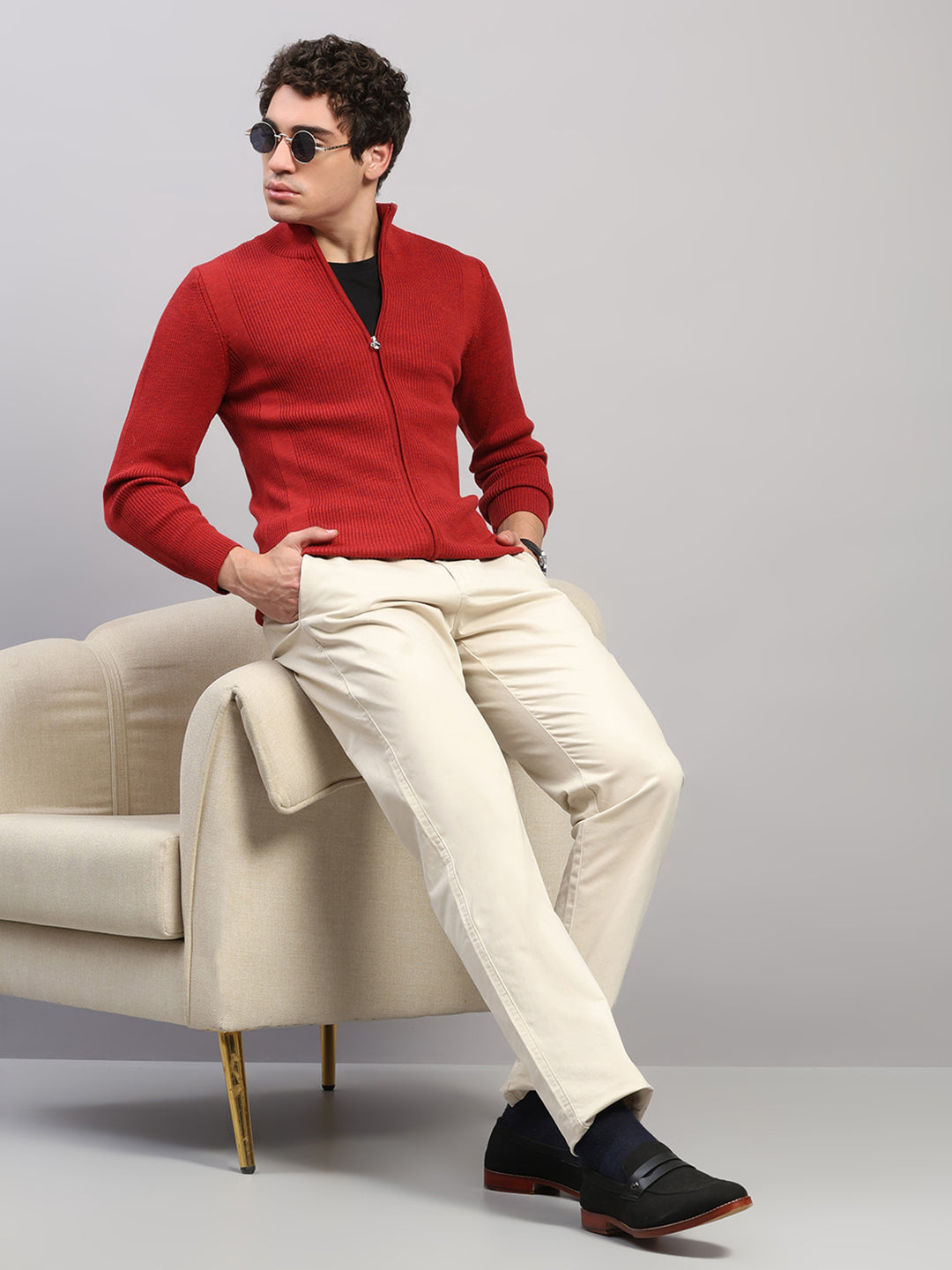 Luxuria Men Maroon Self Design Round Neck Full Sleeve Pullover