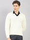 Men White Solid V Neck Full Sleeve Pullover