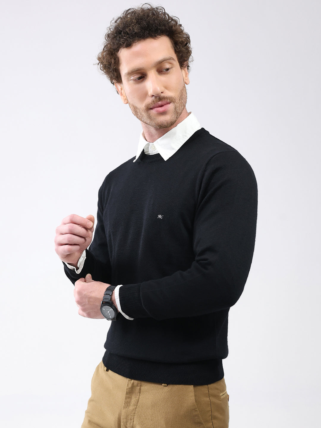 Men Black Solid Round Neck Full Sleeve Pullover