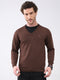Men Brown Solid V Neck Full Sleeve Pullover