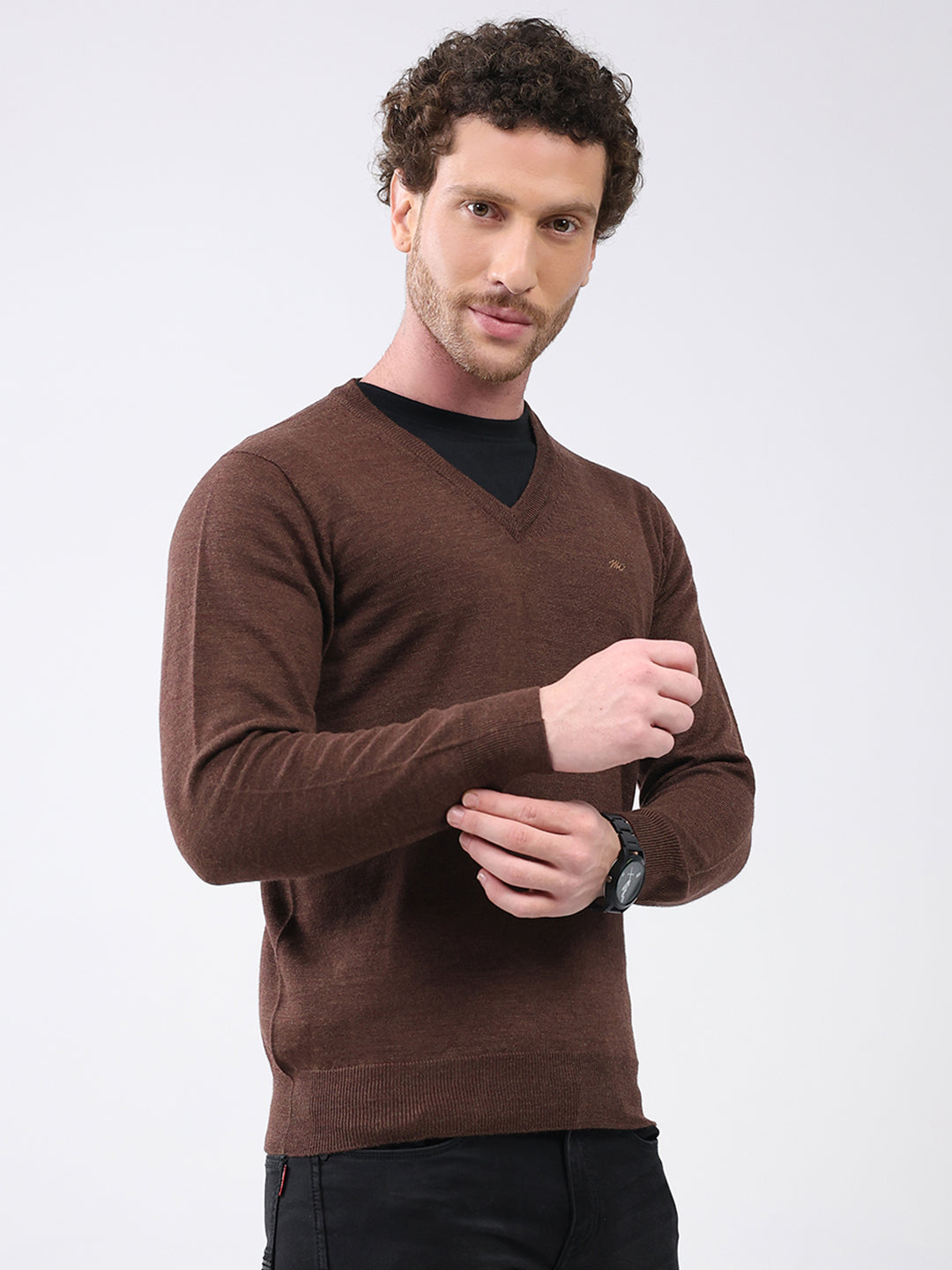 Men Brown Solid V Neck Full Sleeve Pullover