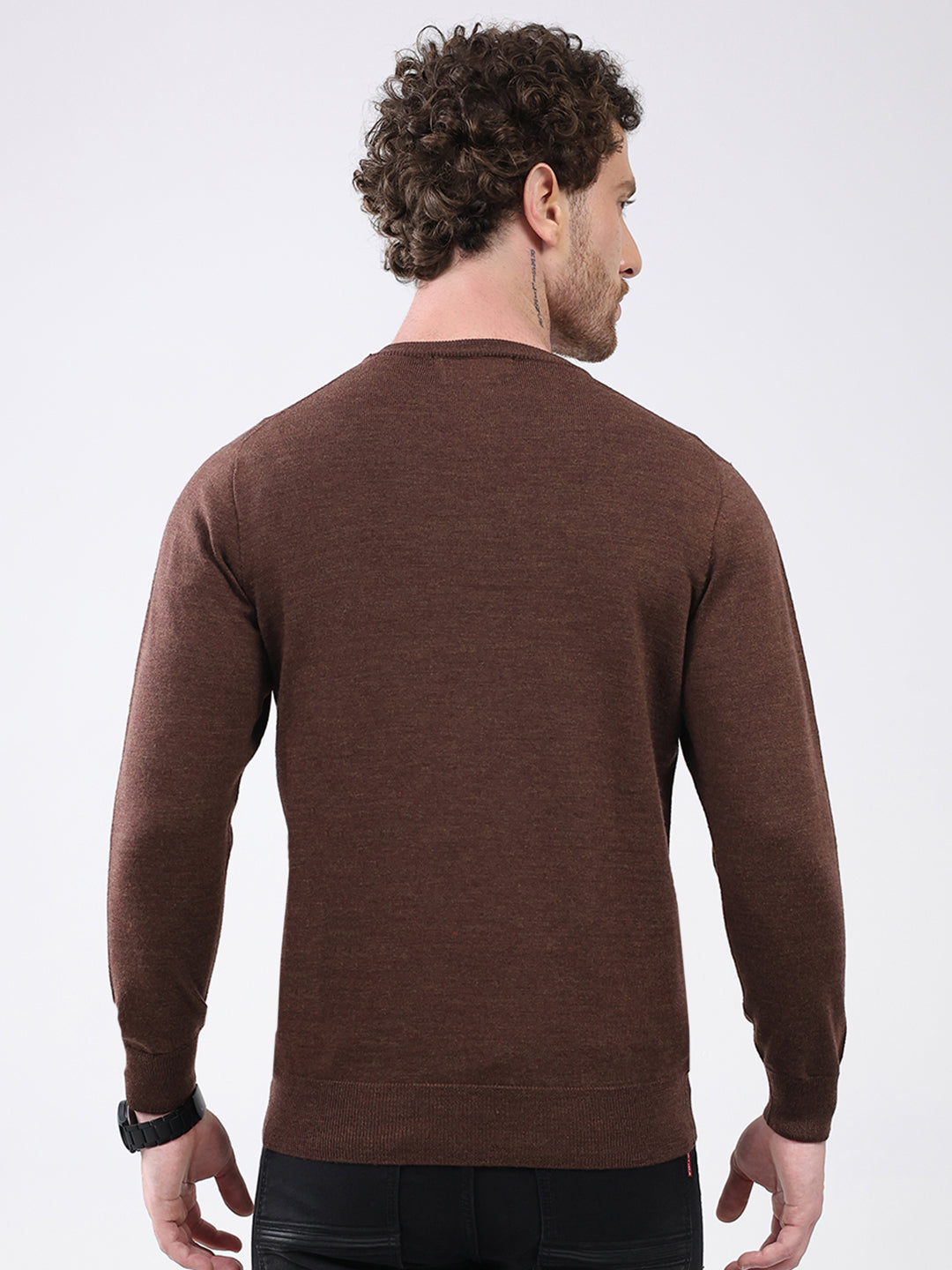 Men Brown Solid V Neck Full Sleeve Pullover