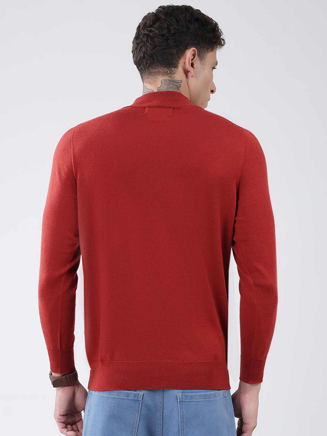 Men Maroon Solid High Neck Full Sleeve Pullover