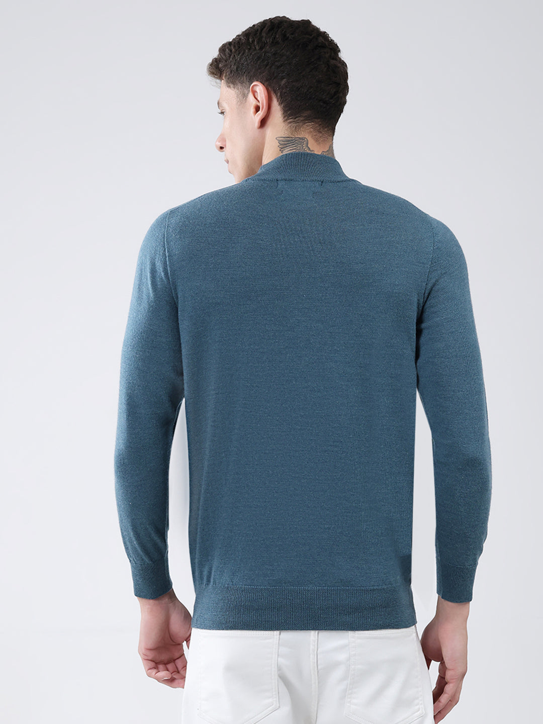 Men Teal Blue Solid High Neck Full Sleeve Pullover