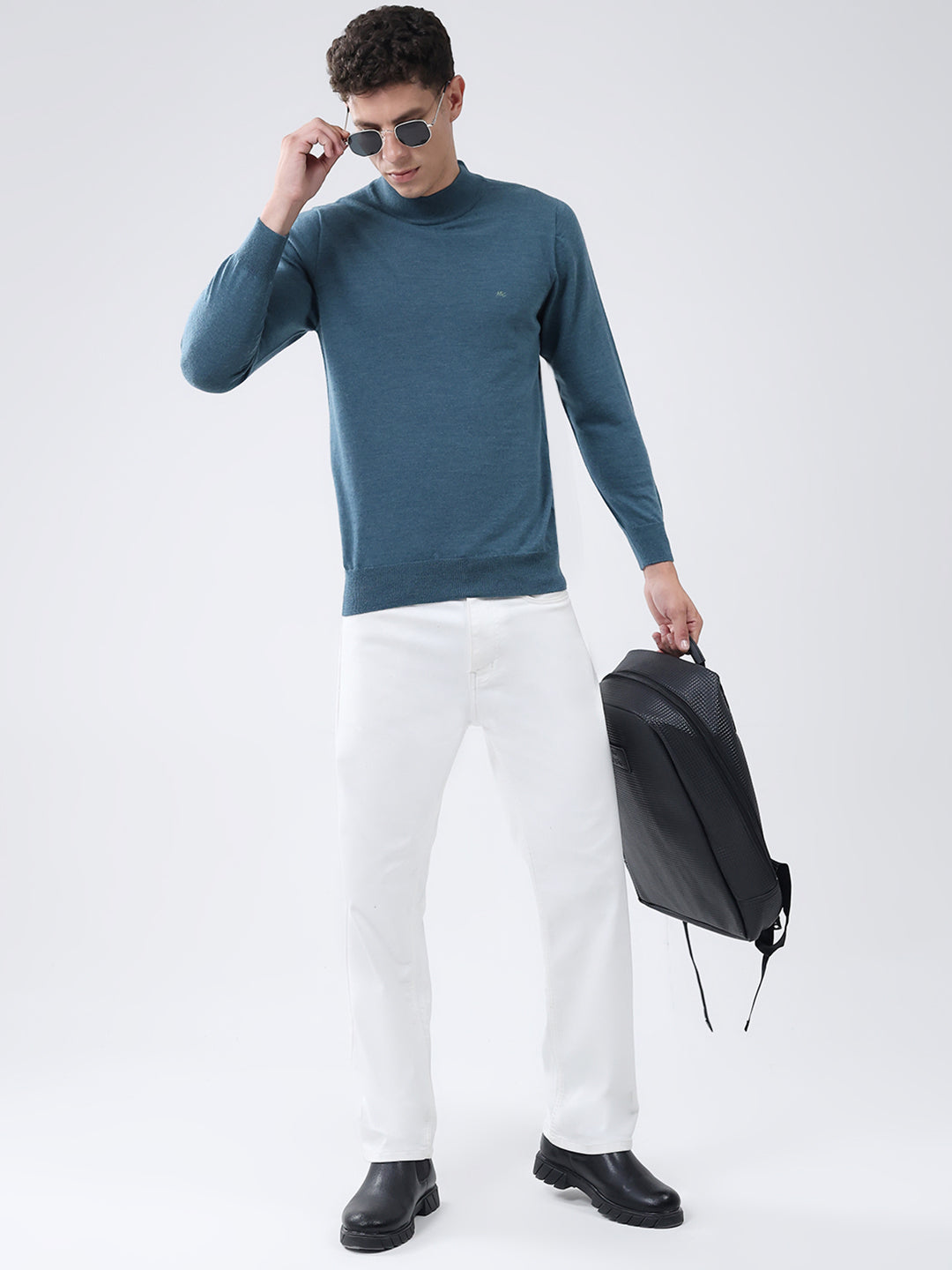 Men Teal Blue Solid High Neck Full Sleeve Pullover