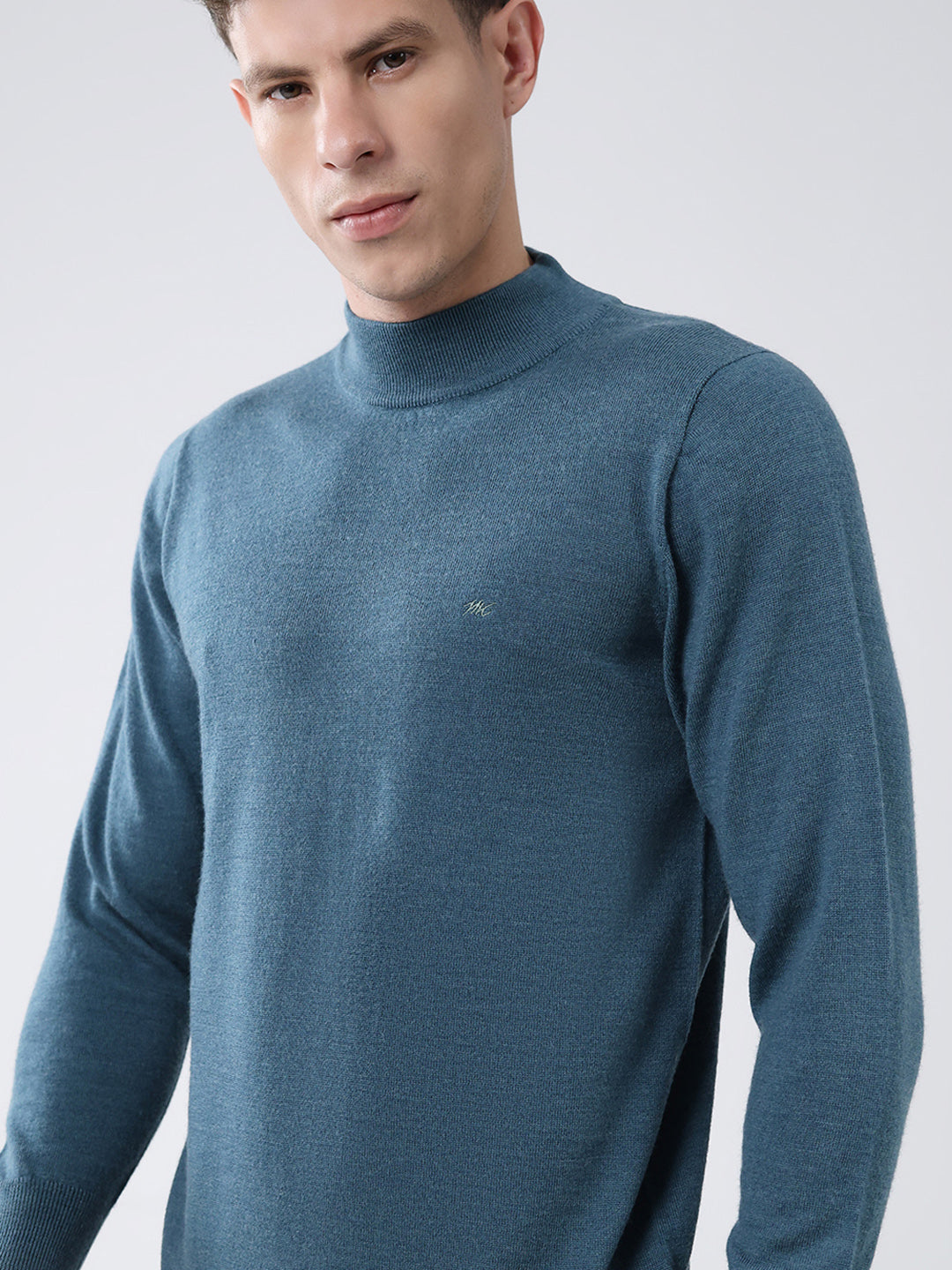 Men Teal Blue Solid High Neck Full Sleeve Pullover