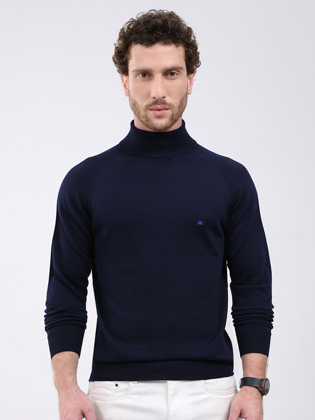 Men Navy Blue Solid Turtle Neck Full Sleeve Pullover