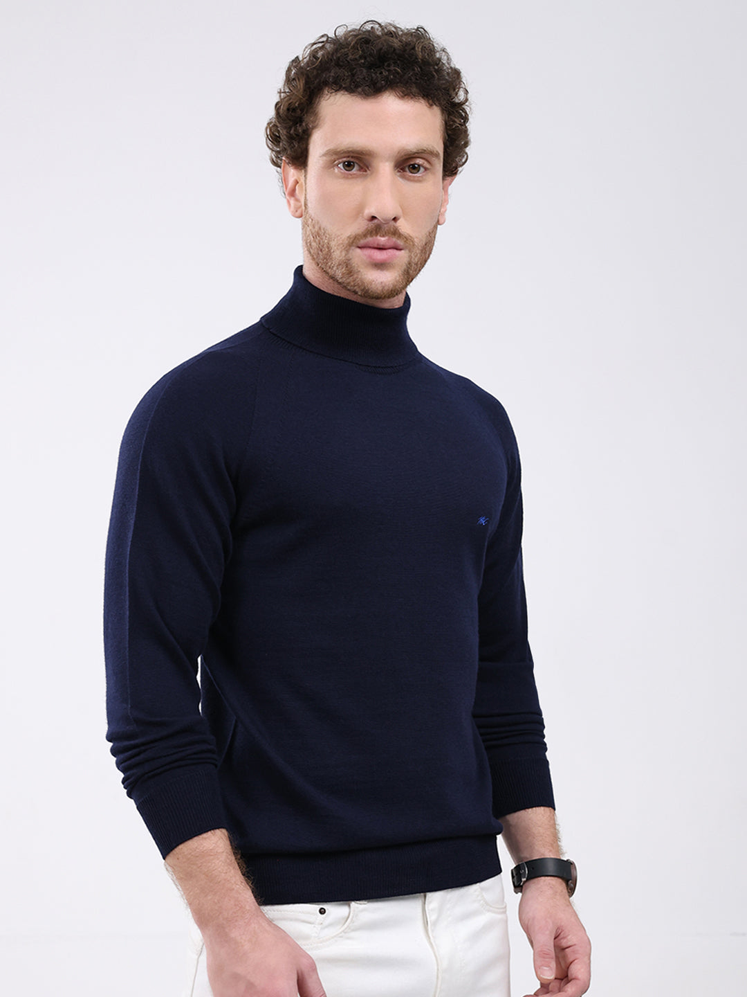 Men Navy Blue Solid Turtle Neck Full Sleeve Pullover