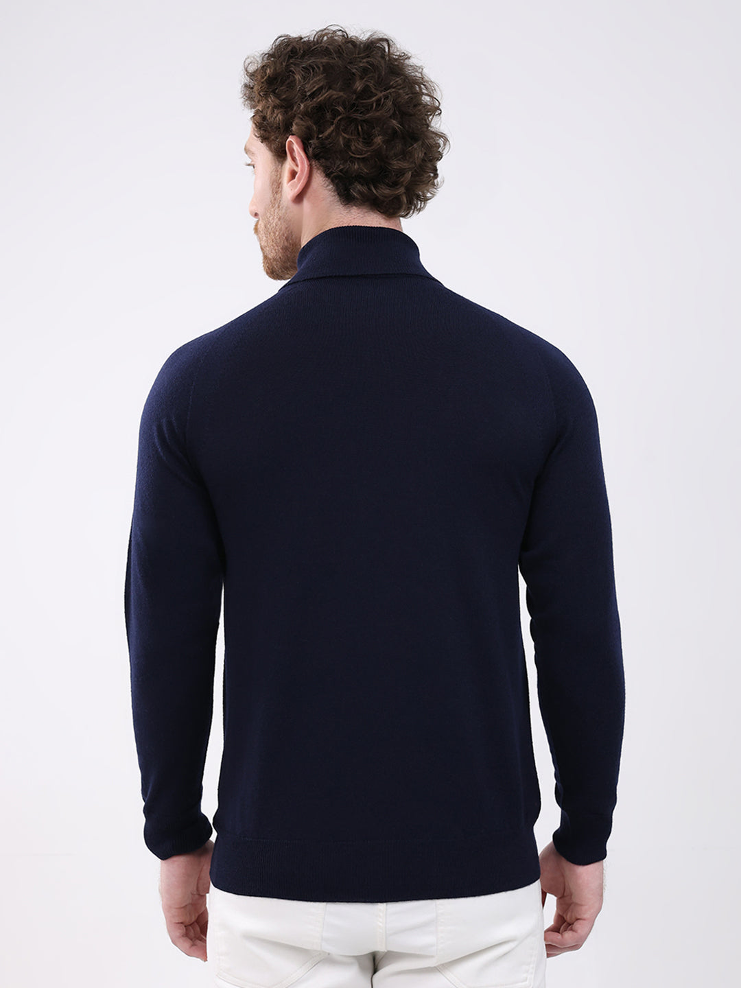 Men Navy Blue Solid Turtle Neck Full Sleeve Pullover