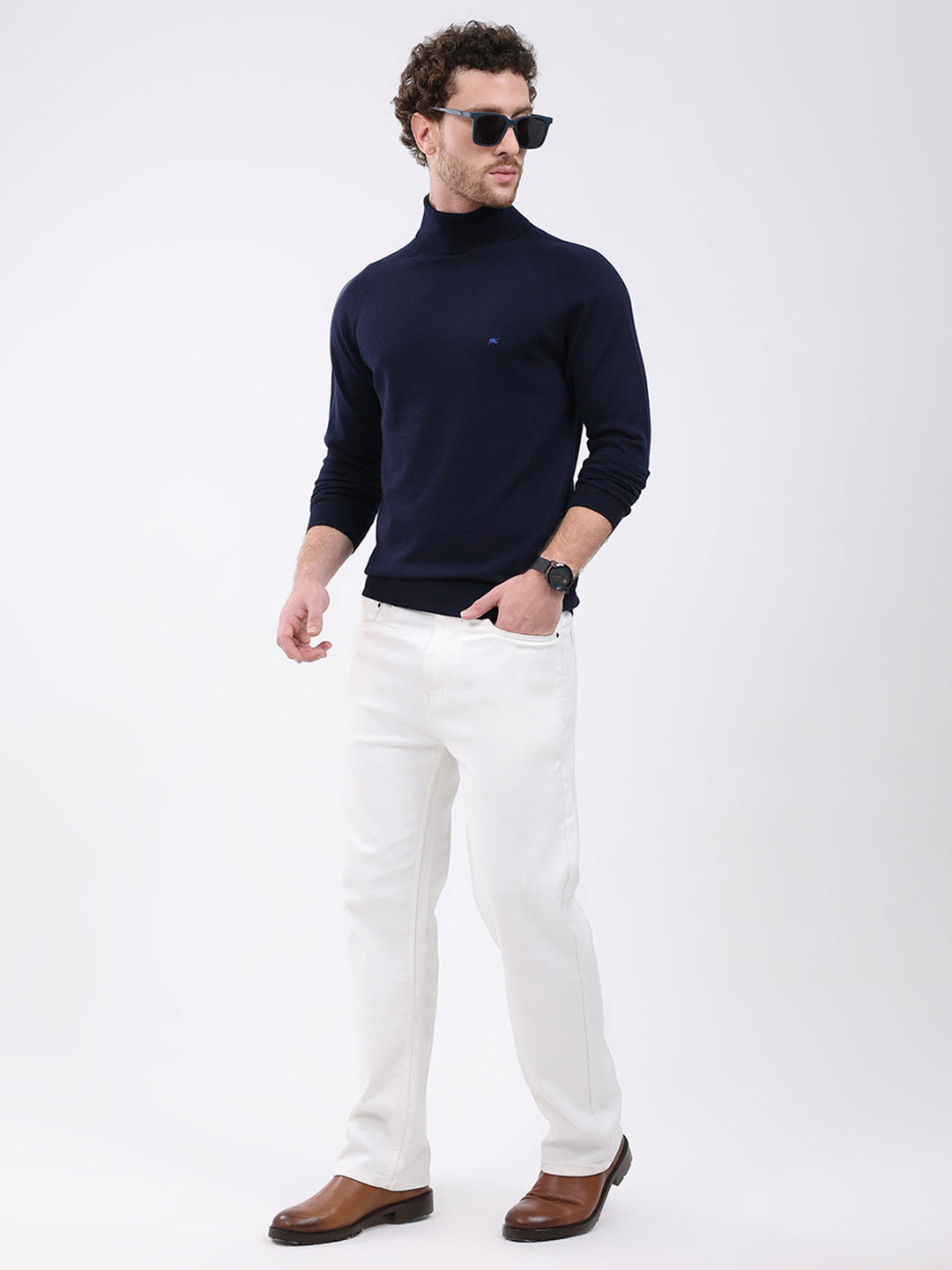 Men Navy Blue Solid Turtle Neck Full Sleeve Pullover
