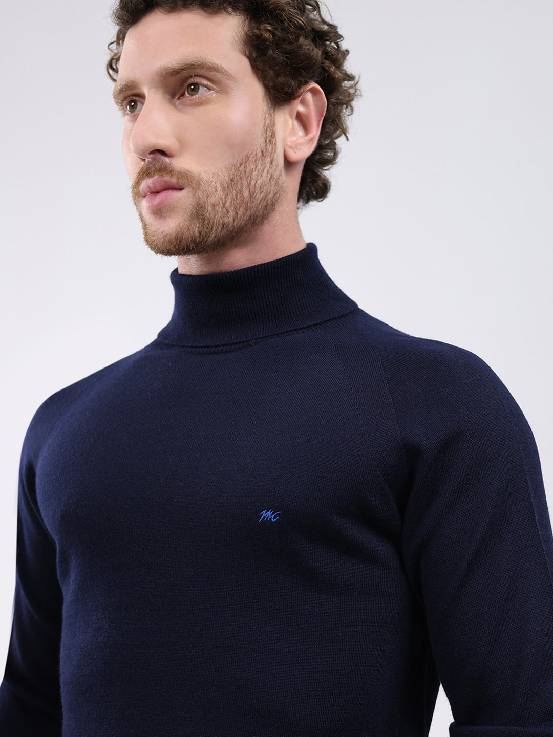 Men Navy Blue Solid Turtle Neck Full Sleeve Pullover