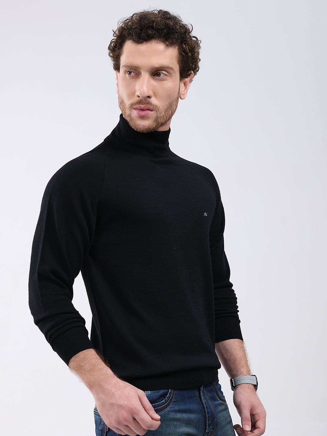Men Black Solid Turtle Neck Full Sleeve Pullover