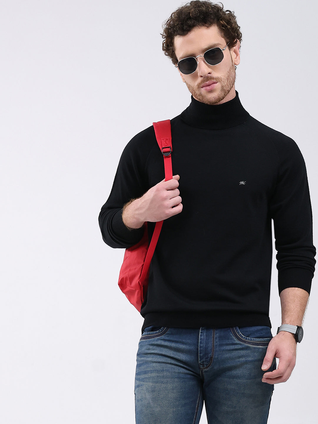 Men Black Solid Turtle Neck Full Sleeve Pullover