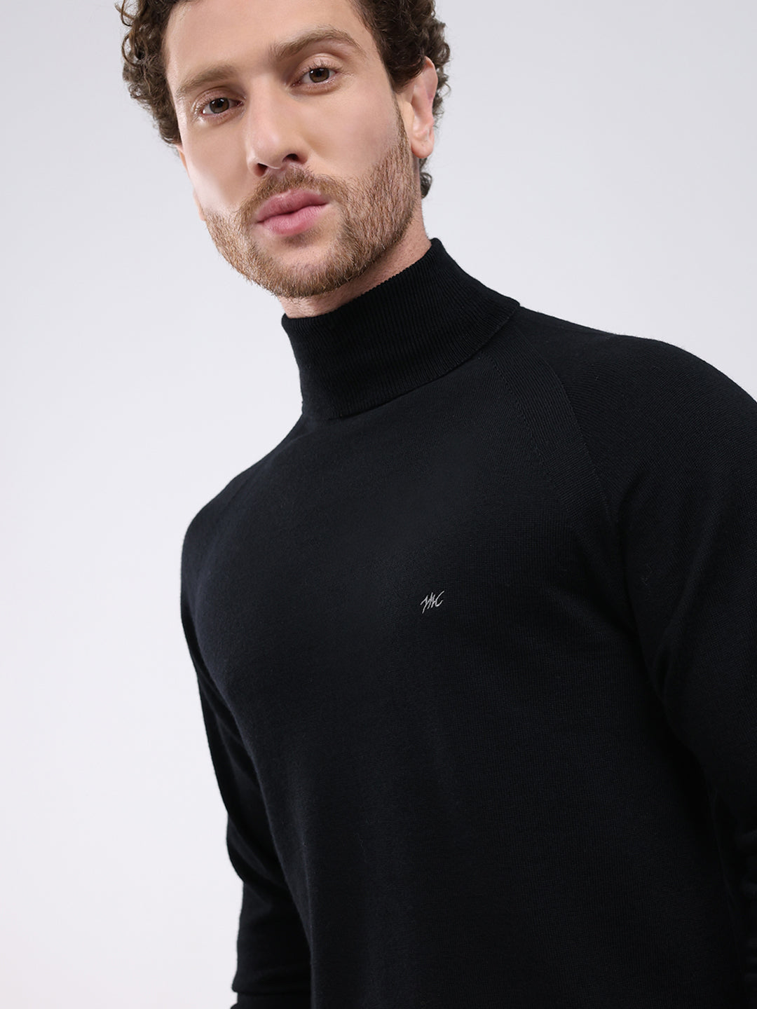 Men Black Solid Turtle Neck Full Sleeve Pullover