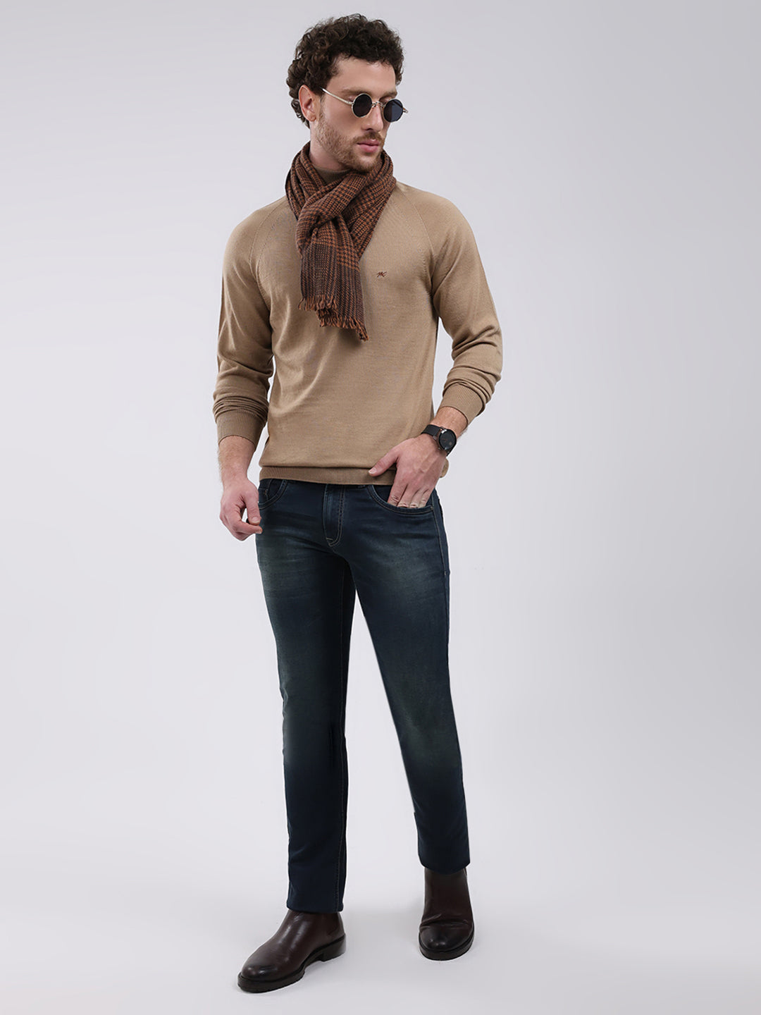 Men Khaki Solid Turtle Neck Full Sleeve Pullover