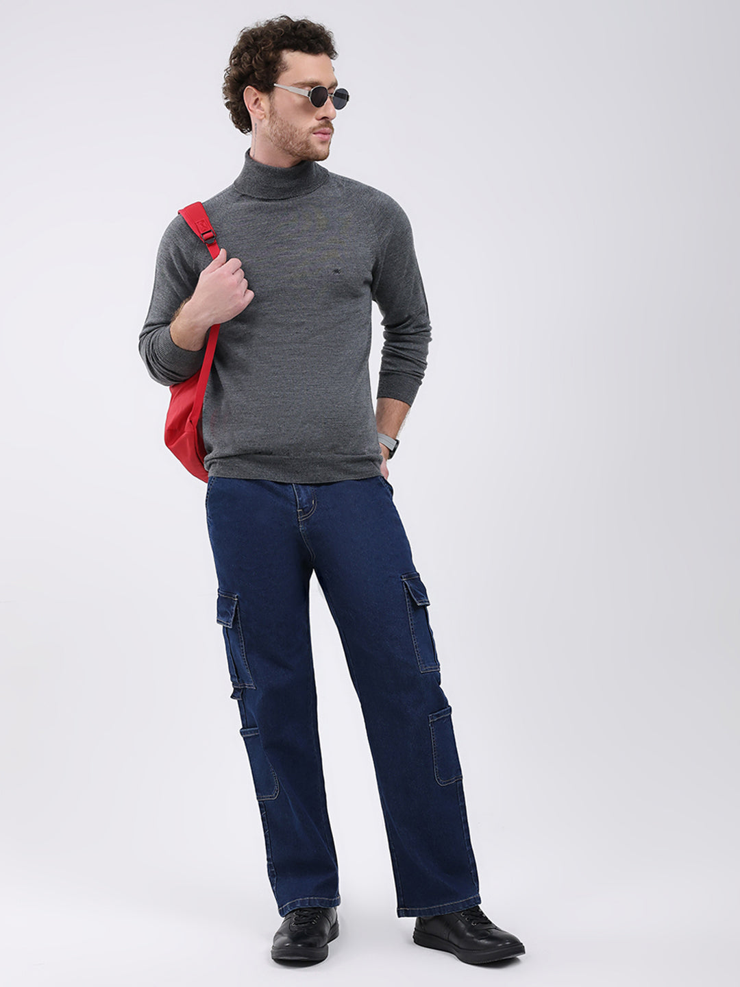 Men Grey Solid Turtle Neck Full Sleeve Pullover