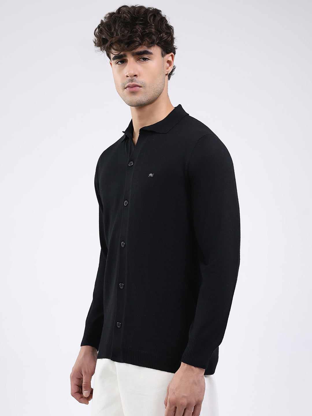 Men Black Solid Collar Full Sleeve Shirt