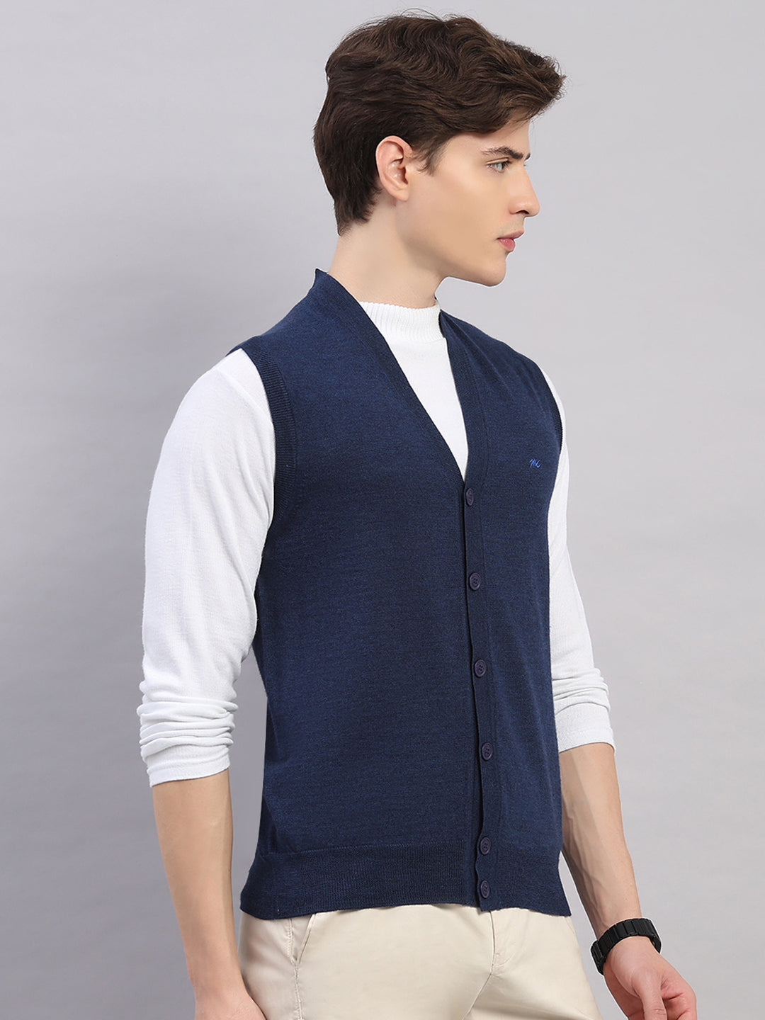 Men Navy Blue Solid V Neck Sleeveless Cardigan