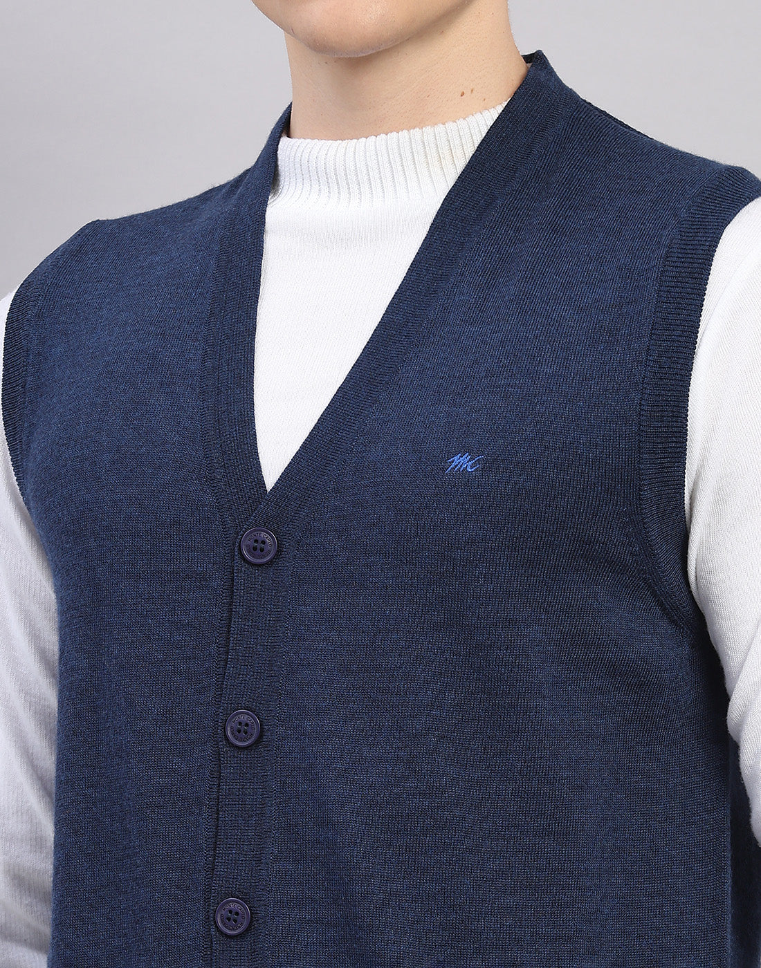 Men Navy Blue Solid V Neck Sleeveless Cardigan