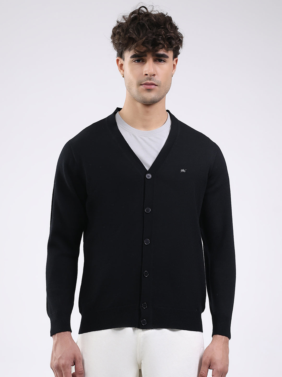 Men Black Solid V Neck Full Sleeve Cardigan