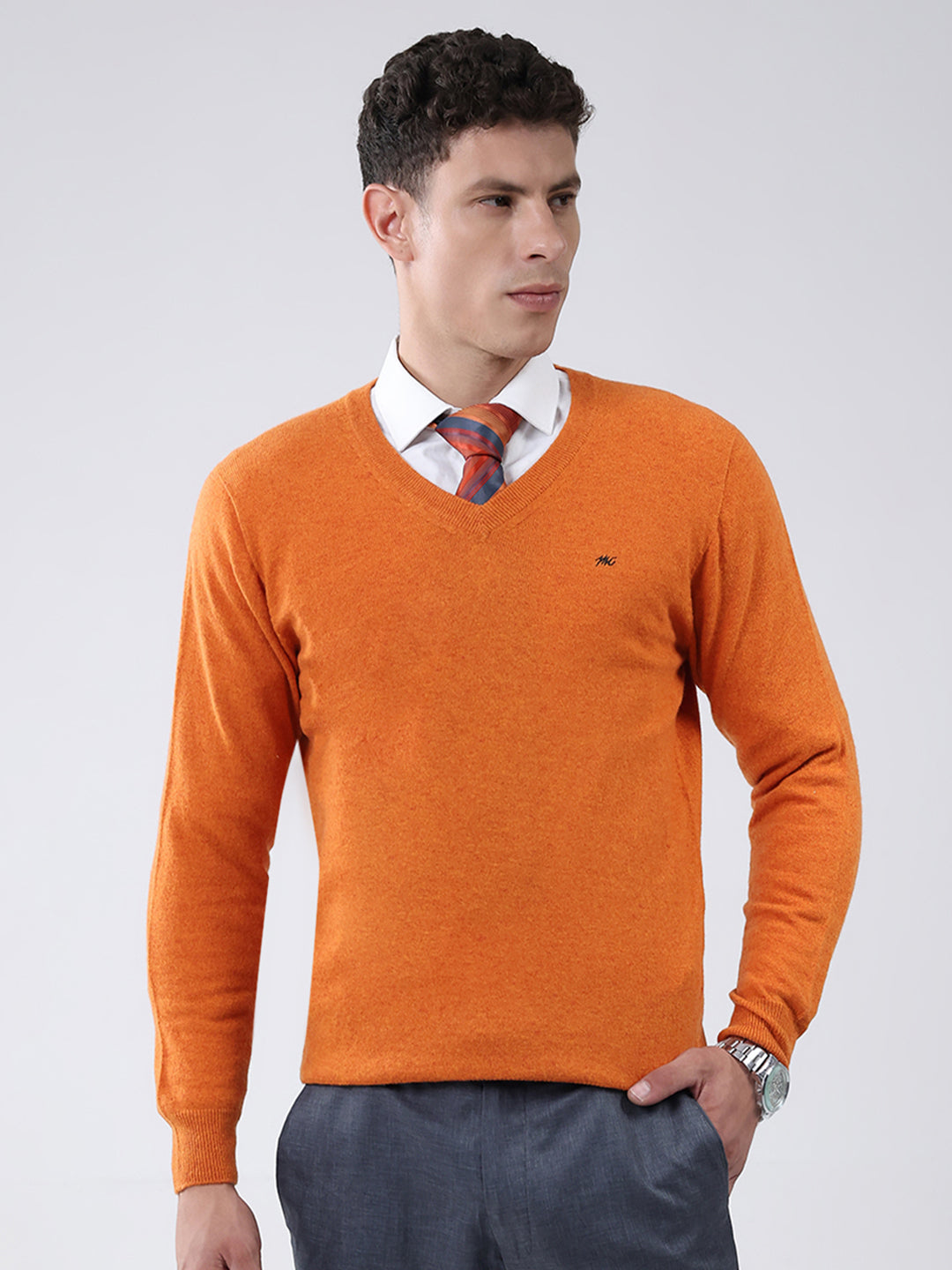 Men Orange Solid V Neck Full Sleeve Pullover