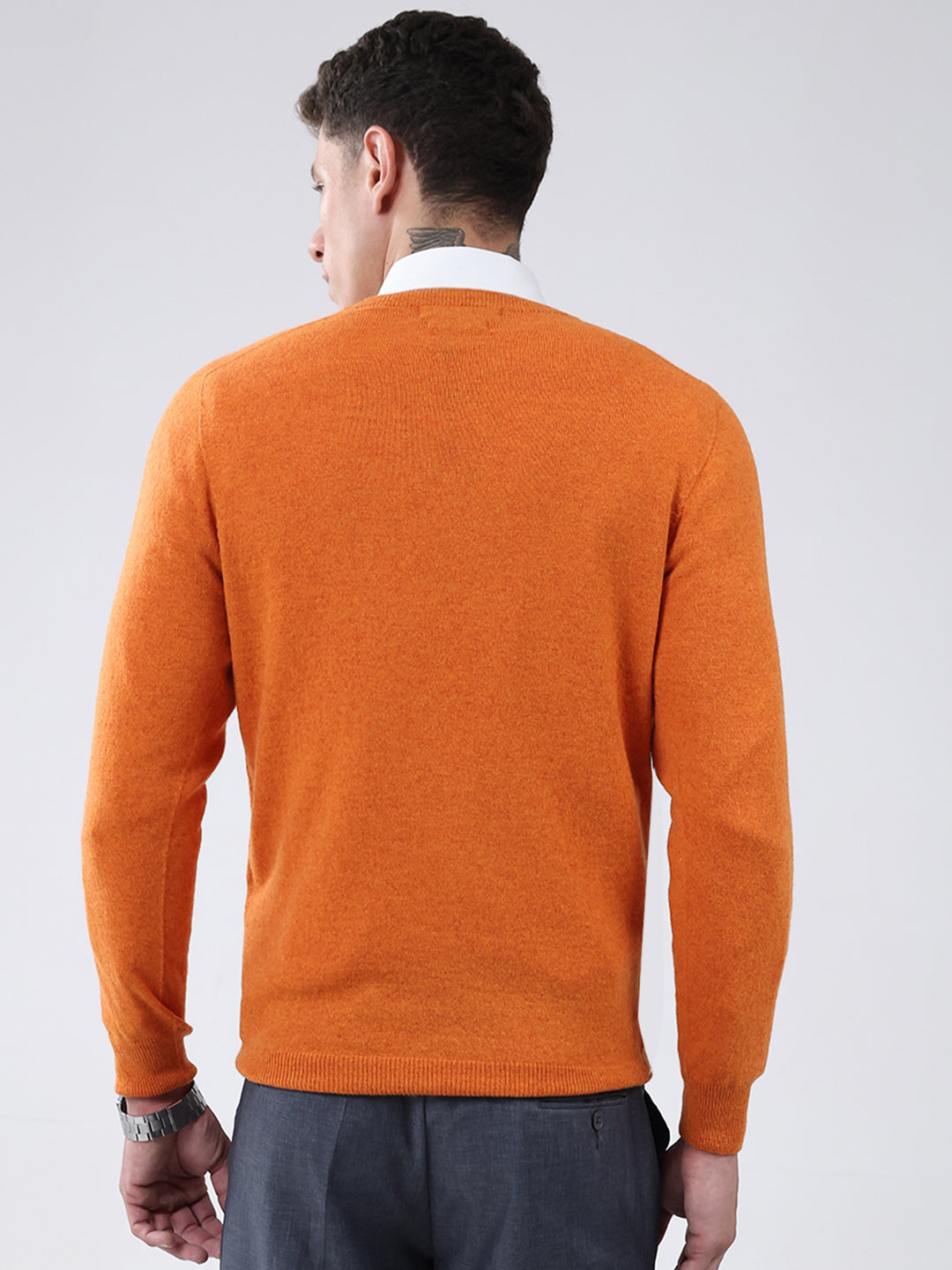 Men Orange Solid V Neck Full Sleeve Pullover