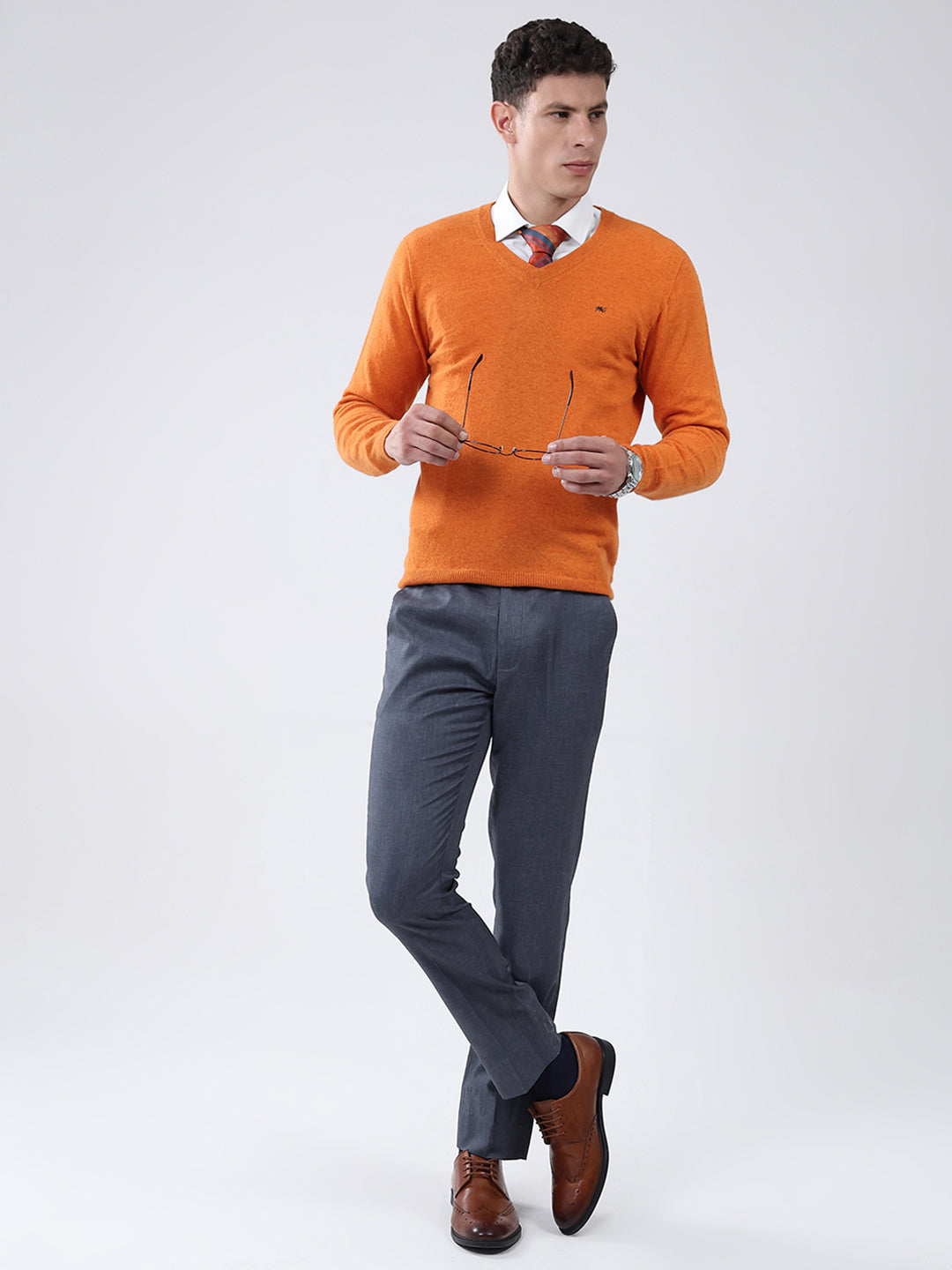 Men Orange Solid V Neck Full Sleeve Pullover