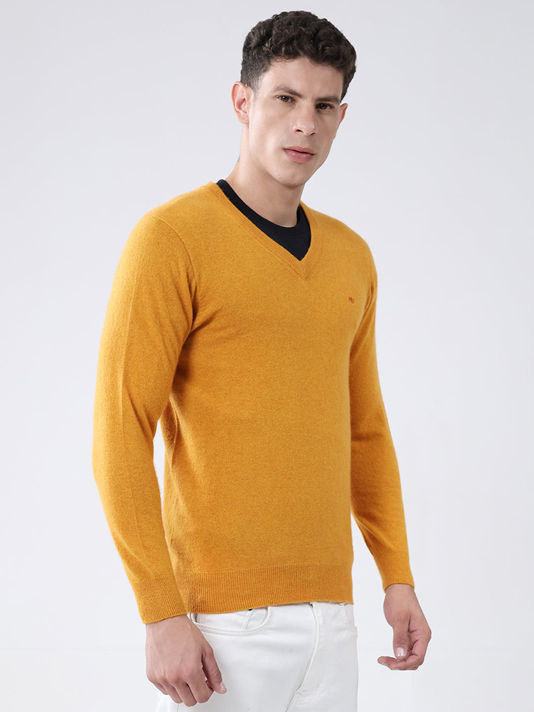 Men Yellow Solid V Neck Full Sleeve Pullover