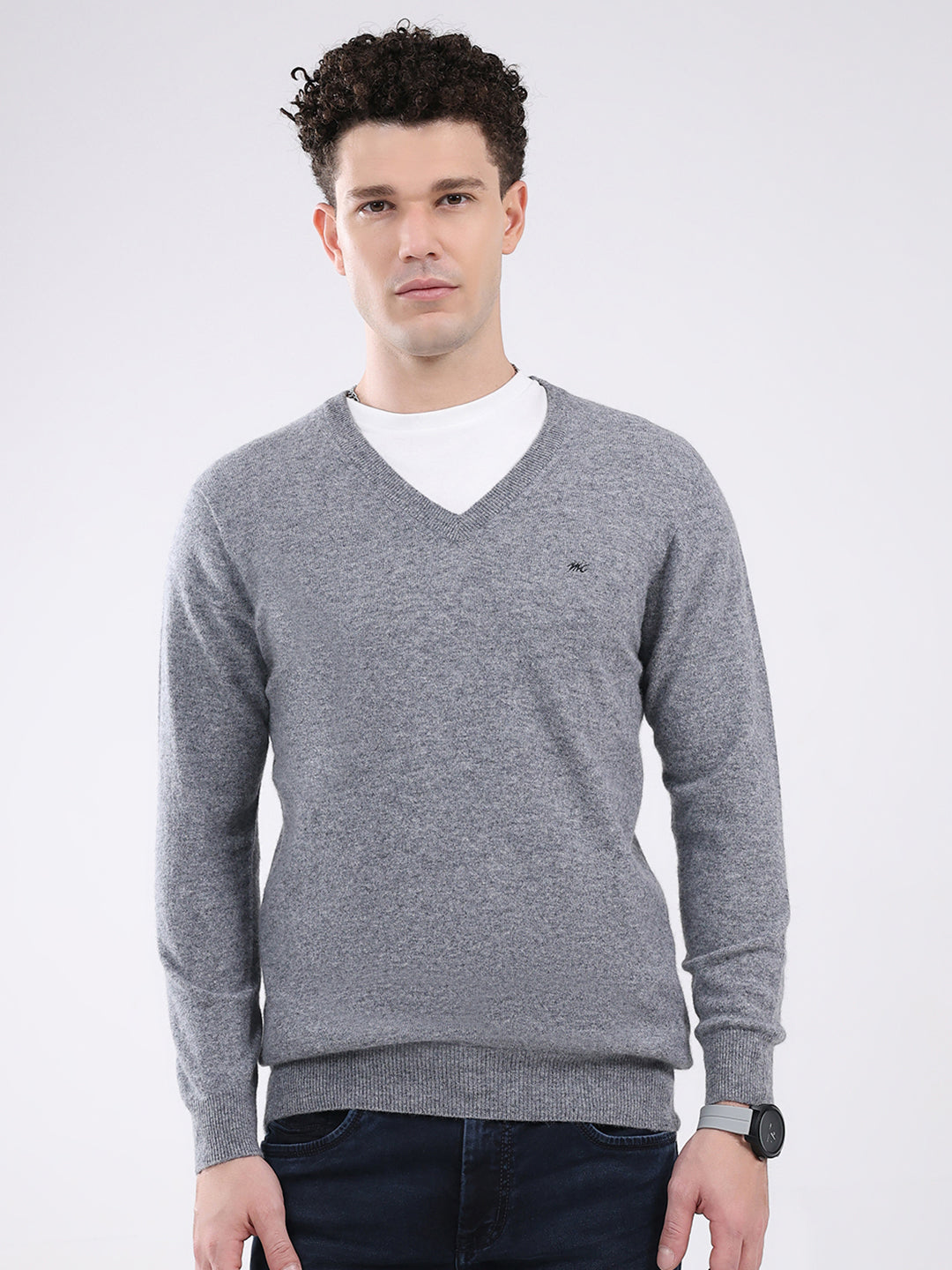 Men Grey Solid V Neck Full Sleeve Pullover